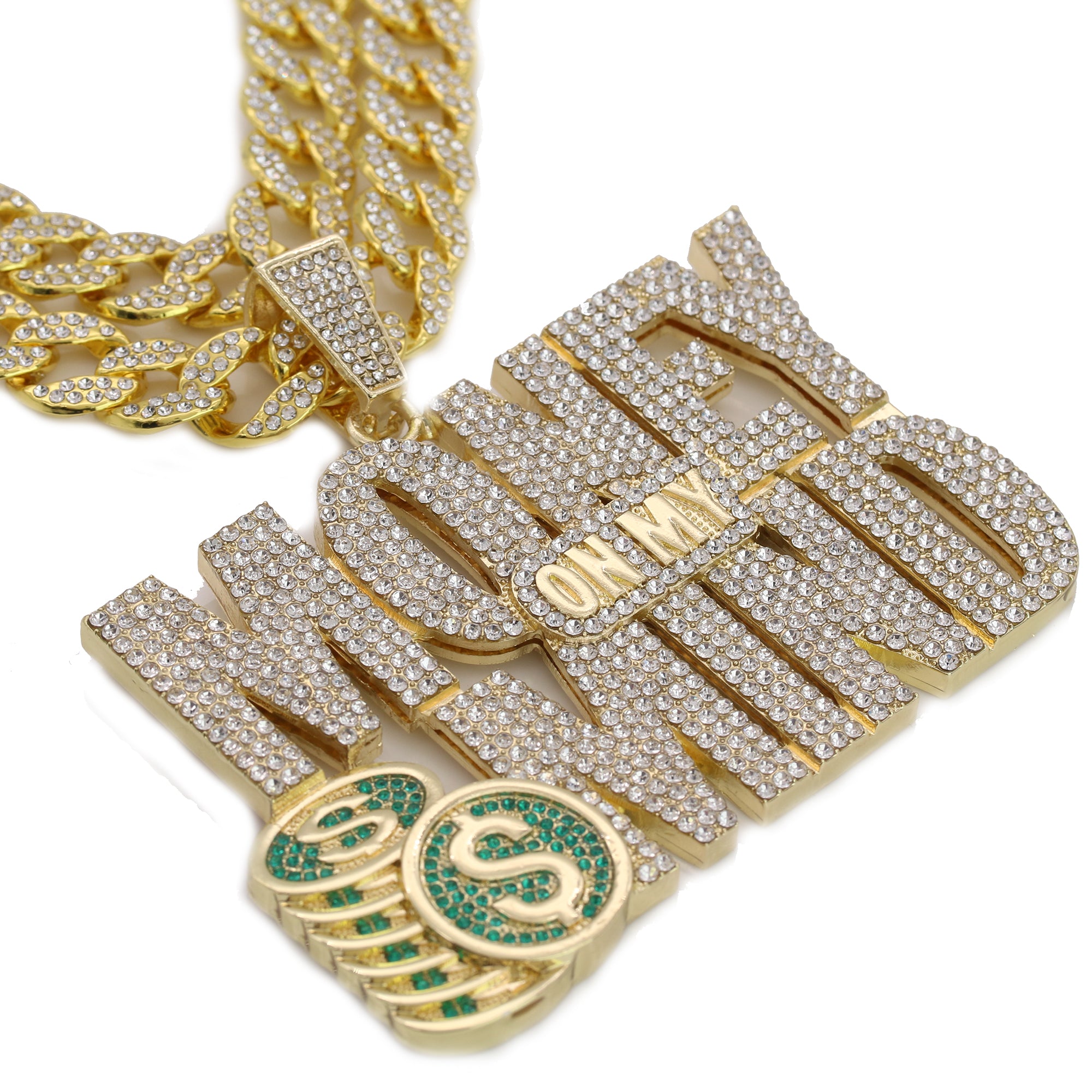3pc Set – Huge "Money On My Mind" Pendant & 15mm Iced Cuban Chains 18"/20" Gold