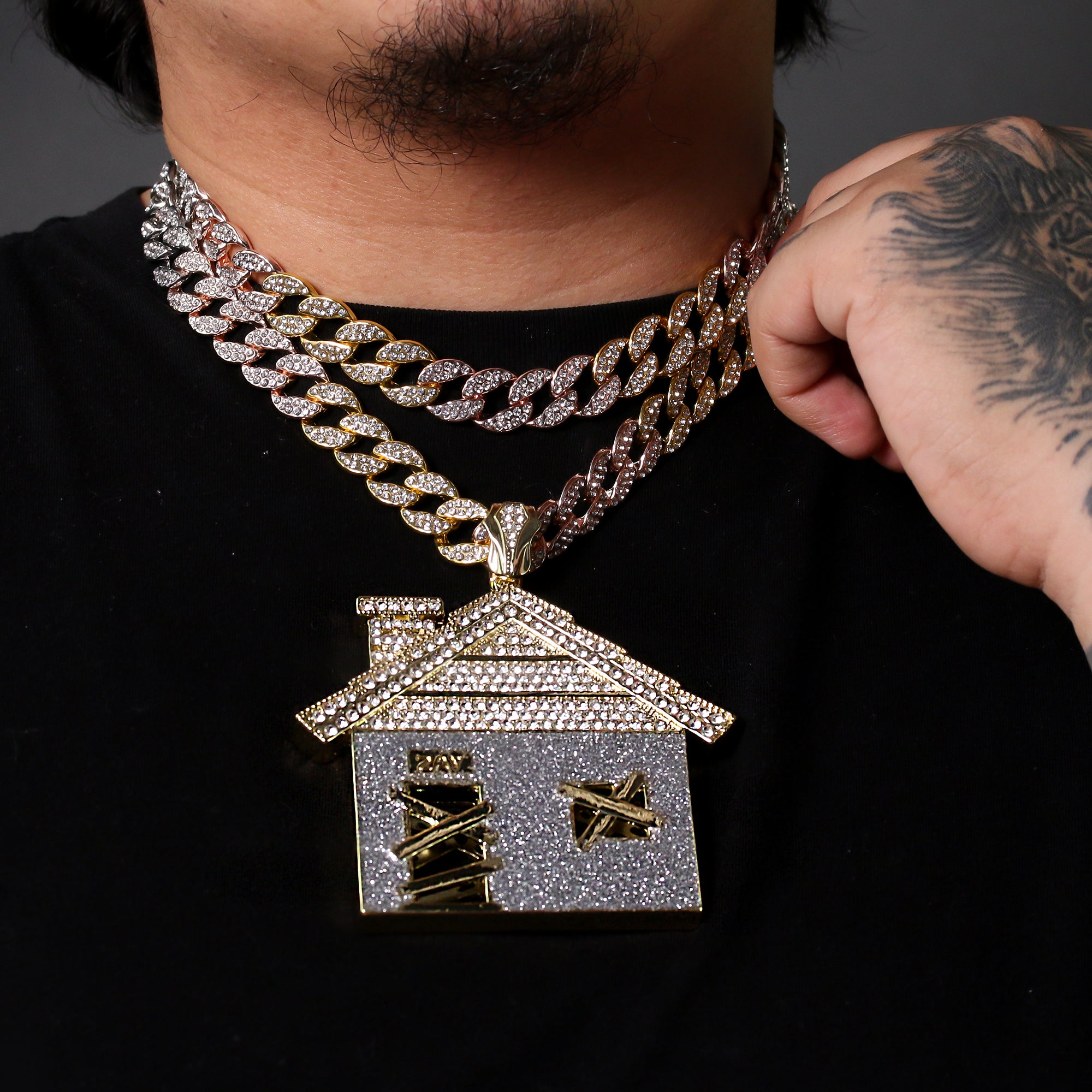 3pc Set โ Huge Stardust Bando House Pendant & 3-Tone Iced Cuban Chains 18"/20"