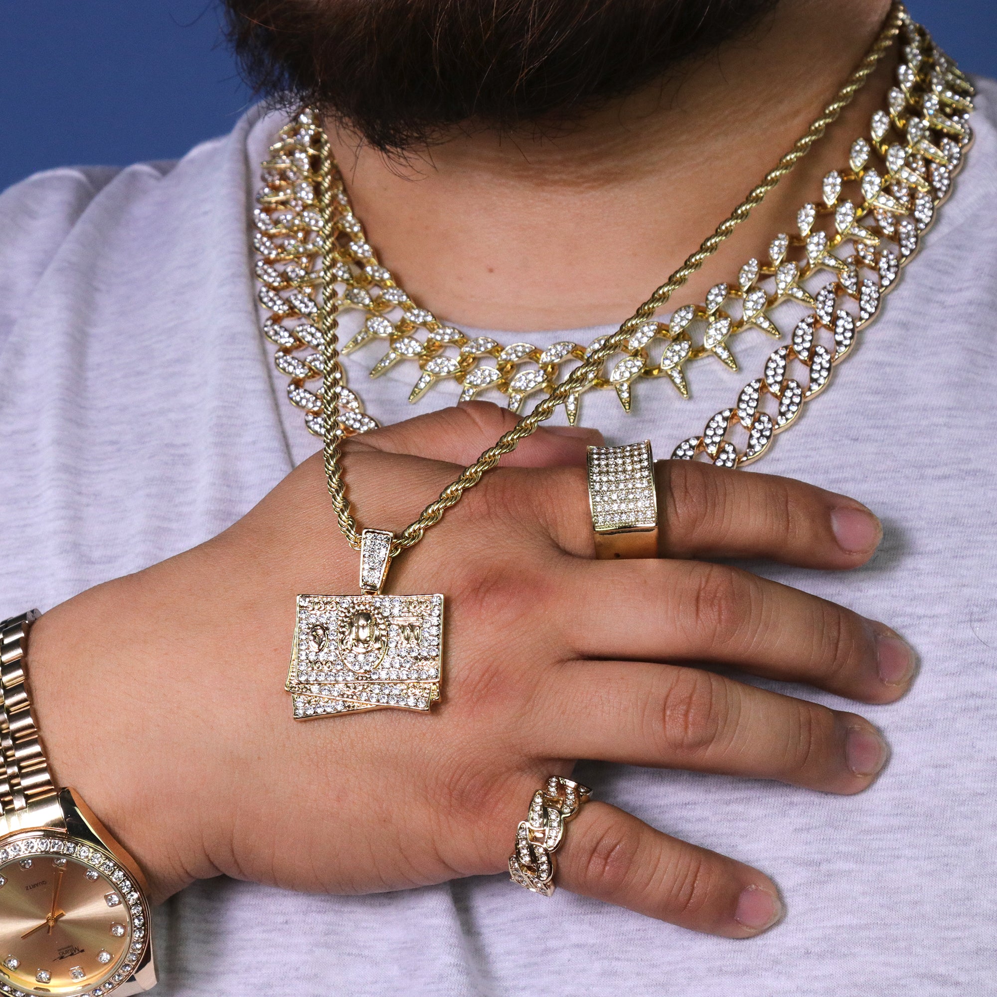 $100 Dollar Stack Pendant 24" Rope Chain Hip Hop 18k Jewelry