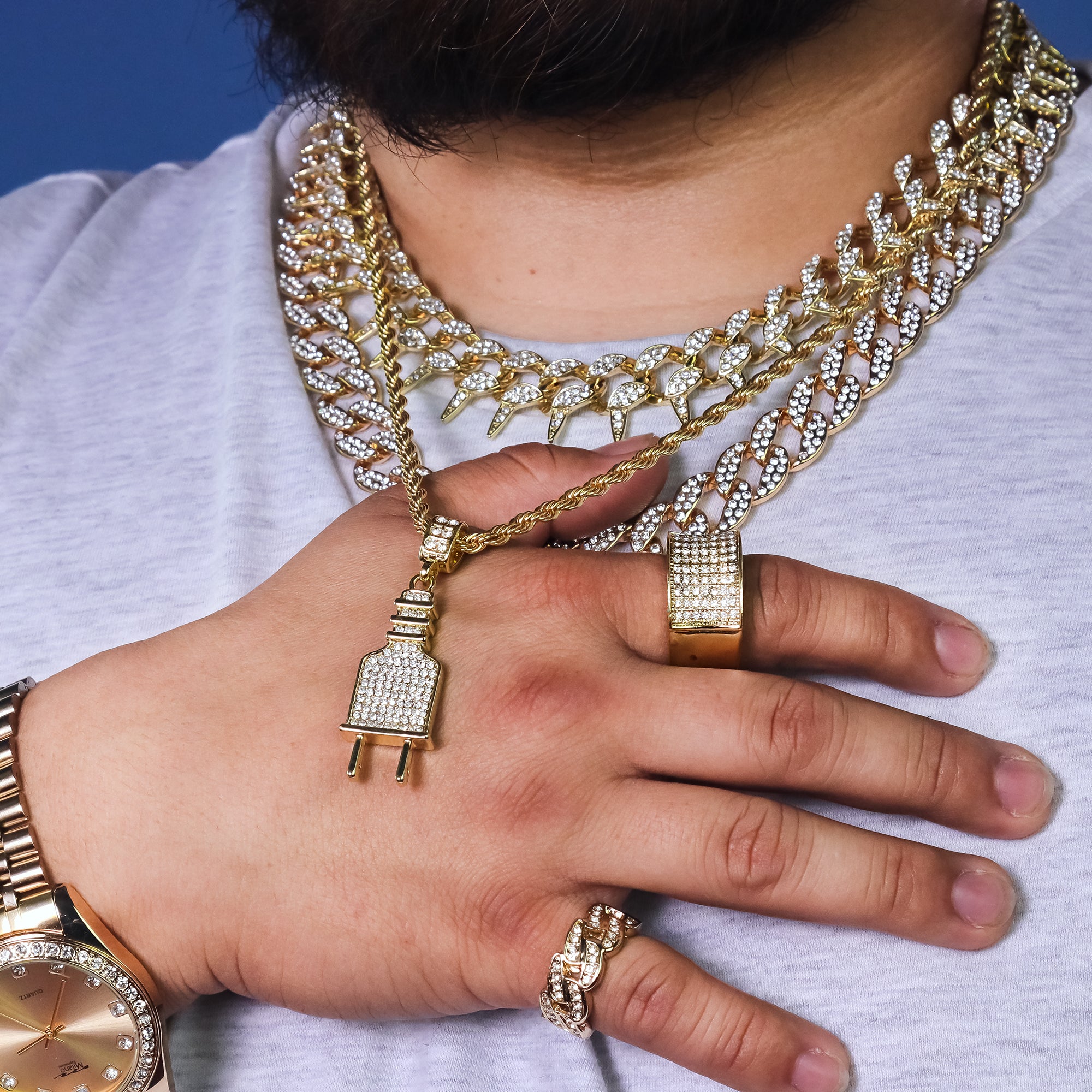Power Plug Pendant 24" Rope Chain Hip Hop 18k Jewelry Necklace
