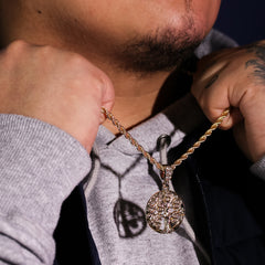 Gold Plated Money Tree Pendant 24" Rope Chain/Stainless Steel Huggie Hoop Cz Earrings 2pc Set