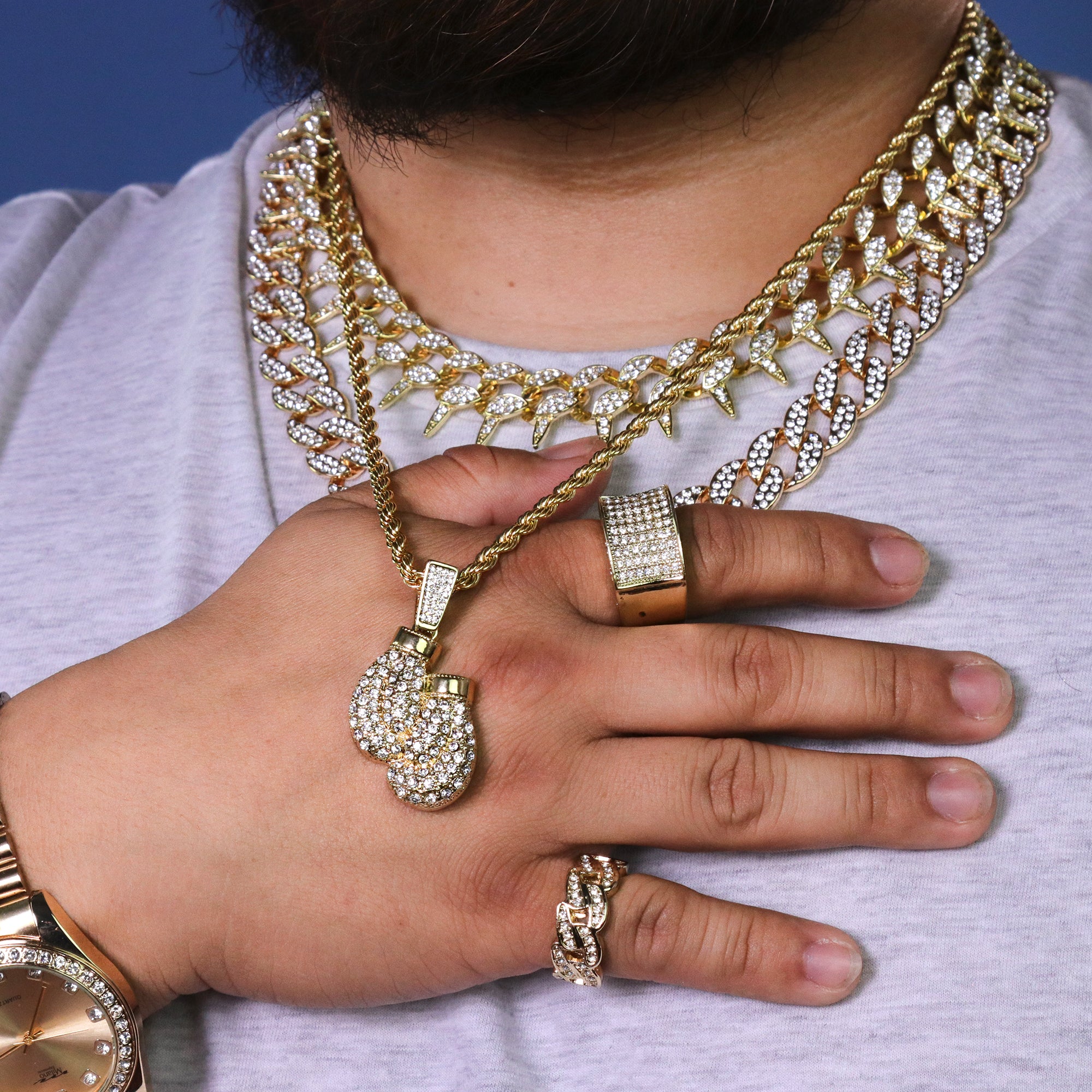 Boxing Gloves Pendant 24" Rope Chain Hip Hop 18k Jewelry