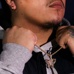 Gold Plated Butterfly Pendant 24" Rope Chain/Stainless Steel Huggie Hoop Cz Earrings 2pc Set