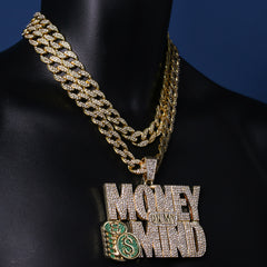 3pc Set – Huge "Money On My Mind" Pendant & 15mm Iced Cuban Chains 18"/20" Gold