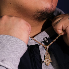 Gold Plated Hamsa Pendant 24" Rope Chain/Stainless Steel Huggie Hoop Cz Earrings 2pc Set