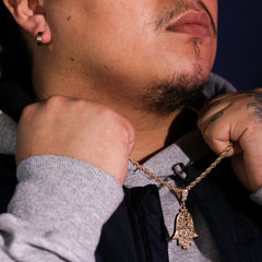 Gold Plated Hamsa Pendant 24" Rope Chain/Stainless Steel Huggie Hoop Cz Earrings 2pc Set