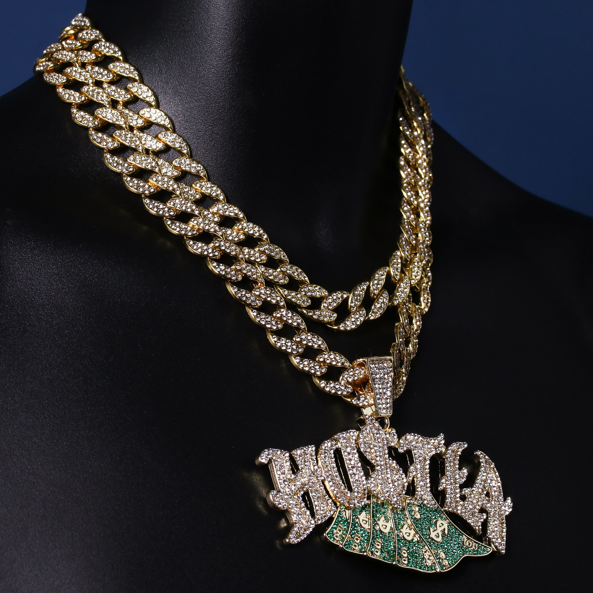 3pc Set – Huge "HUSTLA" Pendant & 15mm Iced Cuban Chains 18"/20" Gold