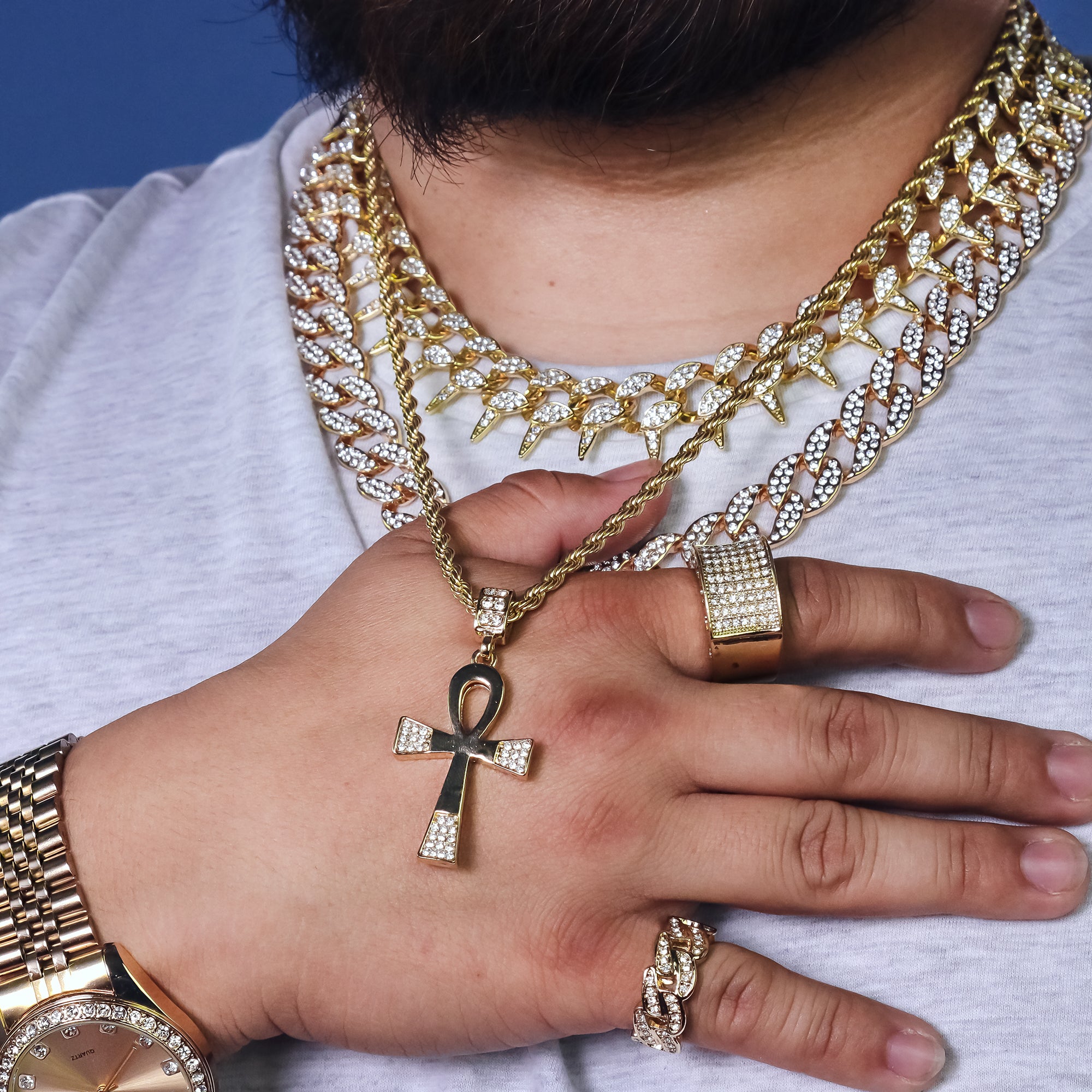 Edge Iced Ankh Pendant 24" Rope Chain Hip Hop 18k Jewelry