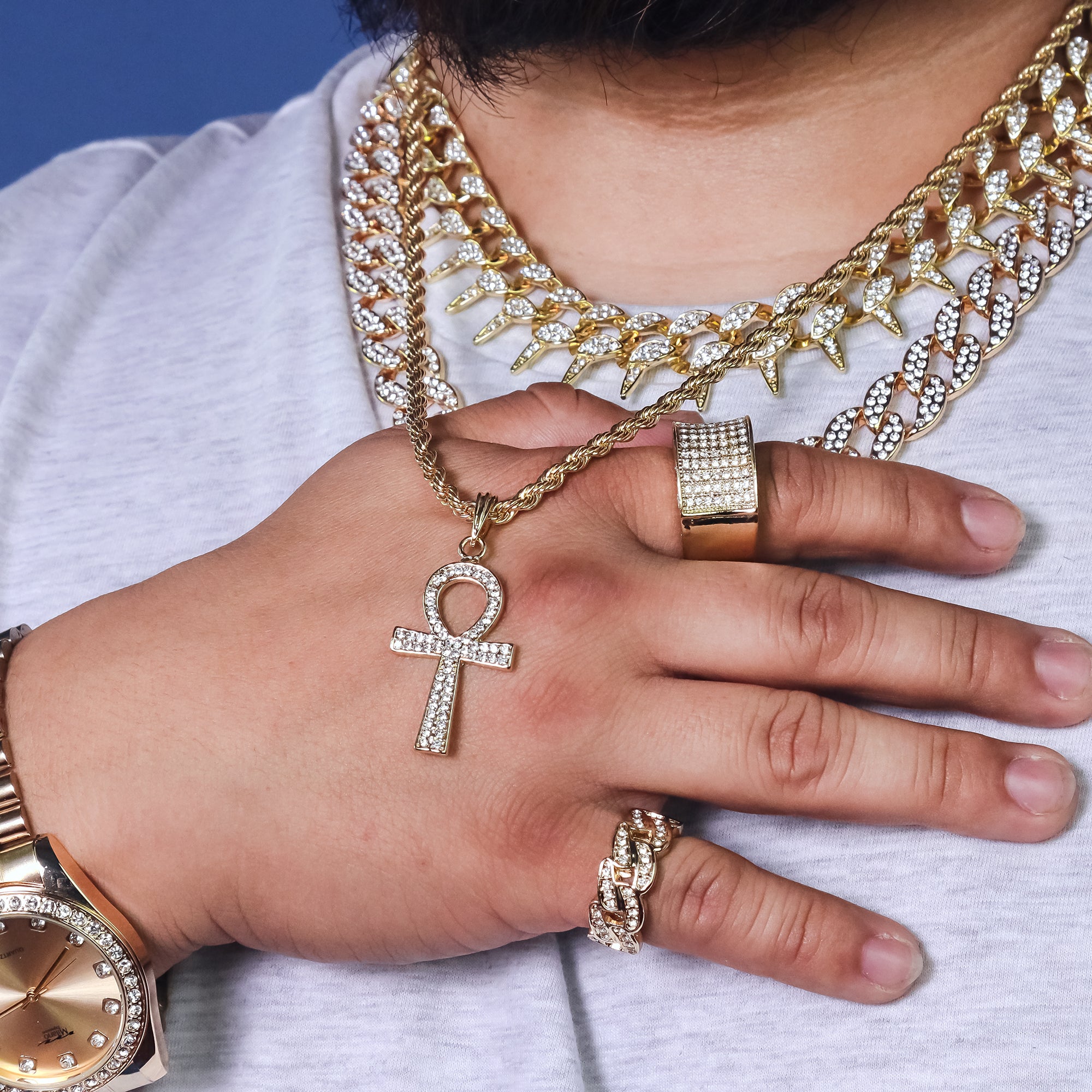 Egyptian Ankh Pendant 24" Rope Chain Hip Hop 18k Jewelry Necklace