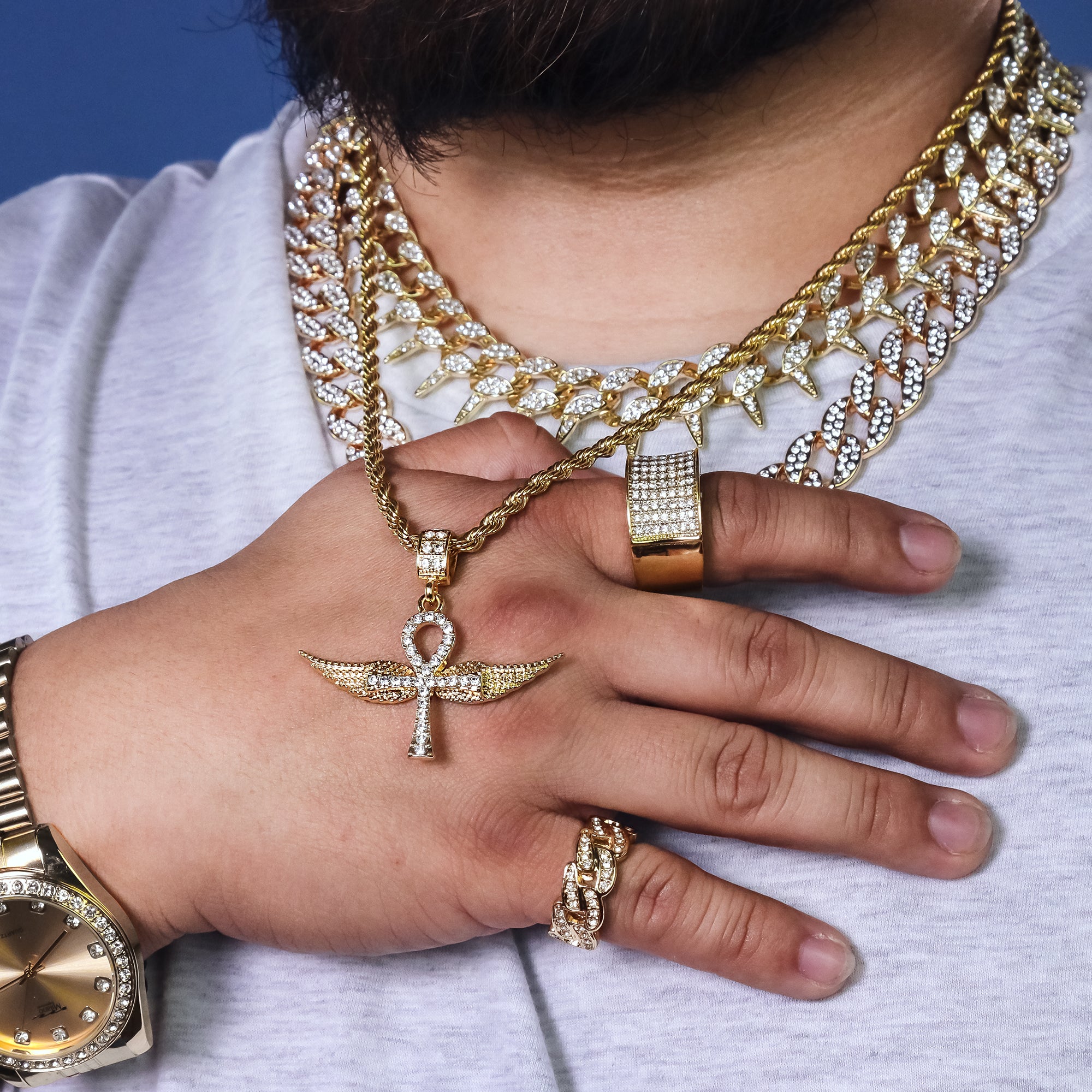 Wing Ankh Pendant 24" Rope Chain Hip Hop 18k Jewelry Necklace