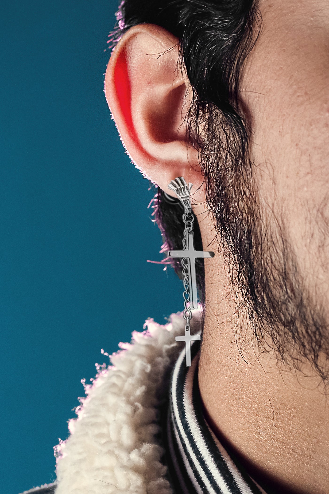 2 Cross Dangle Skeleton Hand White Gold SST Plain Earring