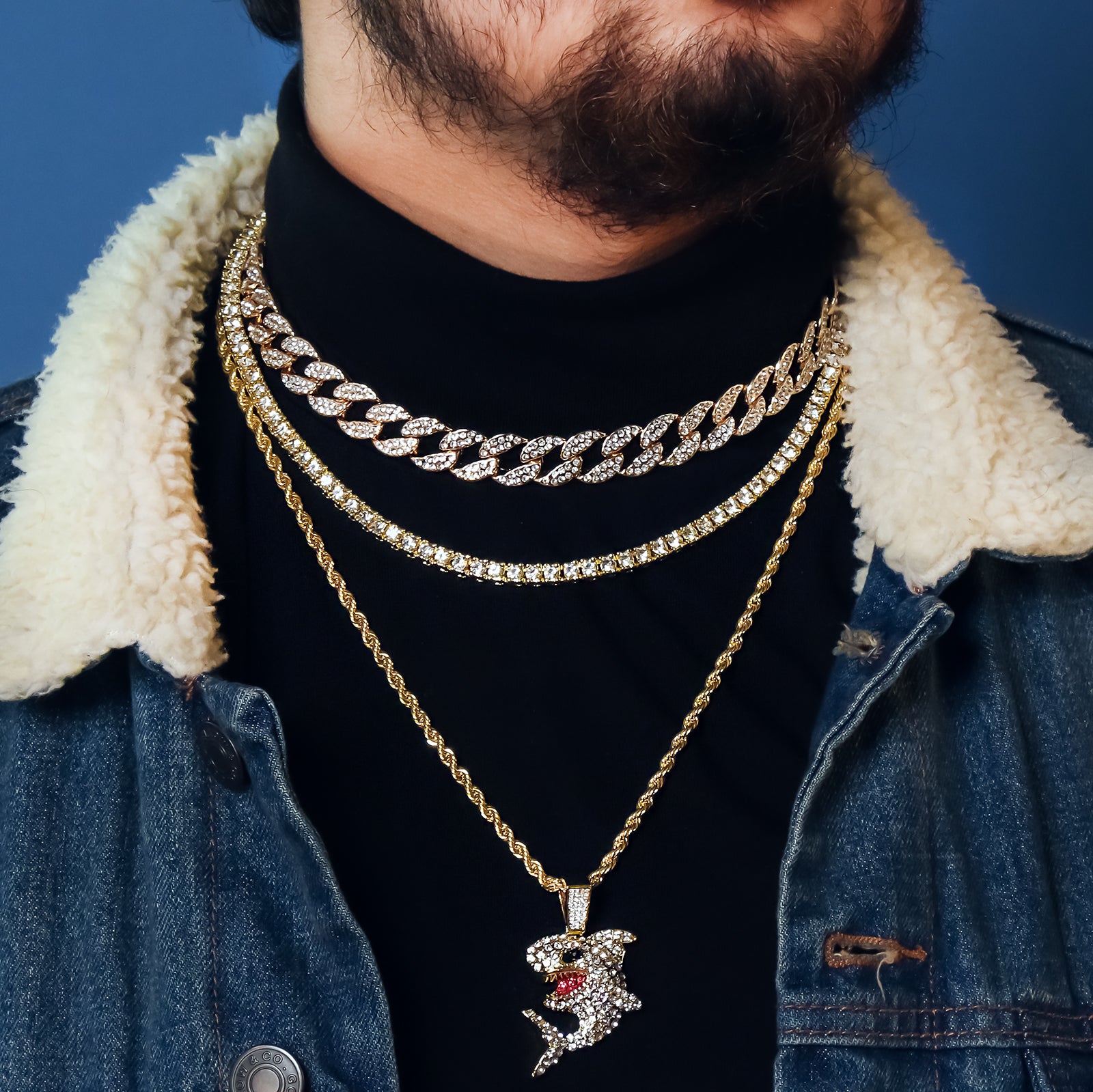 Shark 4 Pcs Set Cuban, Tennis Clear Cz & Rope Chain Bundle Gold PT