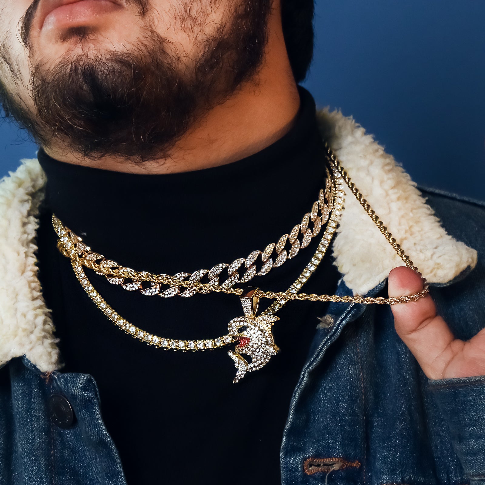 Shark 4 Pcs Set Cuban, Tennis Clear Cz & Rope Chain Bundle Gold PT