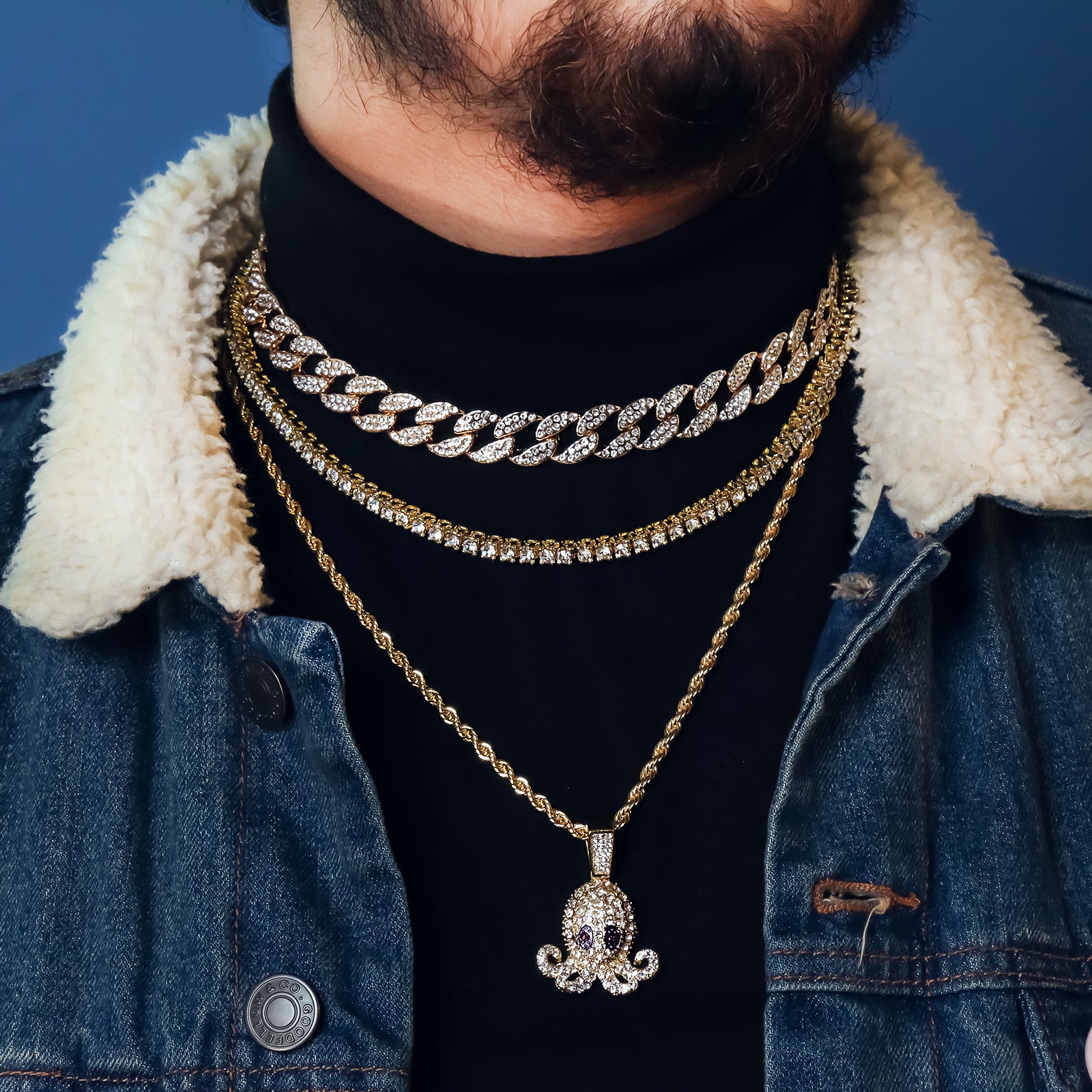 Squid 4 Pcs Set Cuban, Tennis Clear Cz & Rope Chain Bundle Gold PT