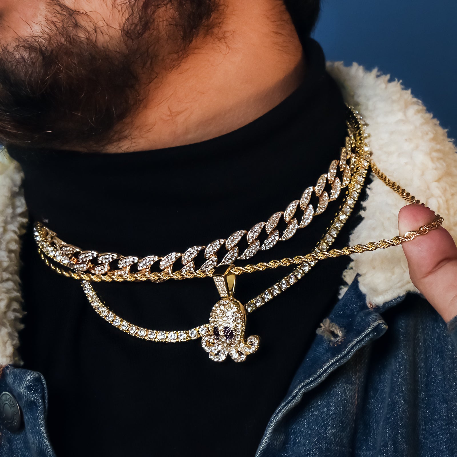 Squid 4 Pcs Set Cuban, Tennis Clear Cz & Rope Chain Bundle Gold PT
