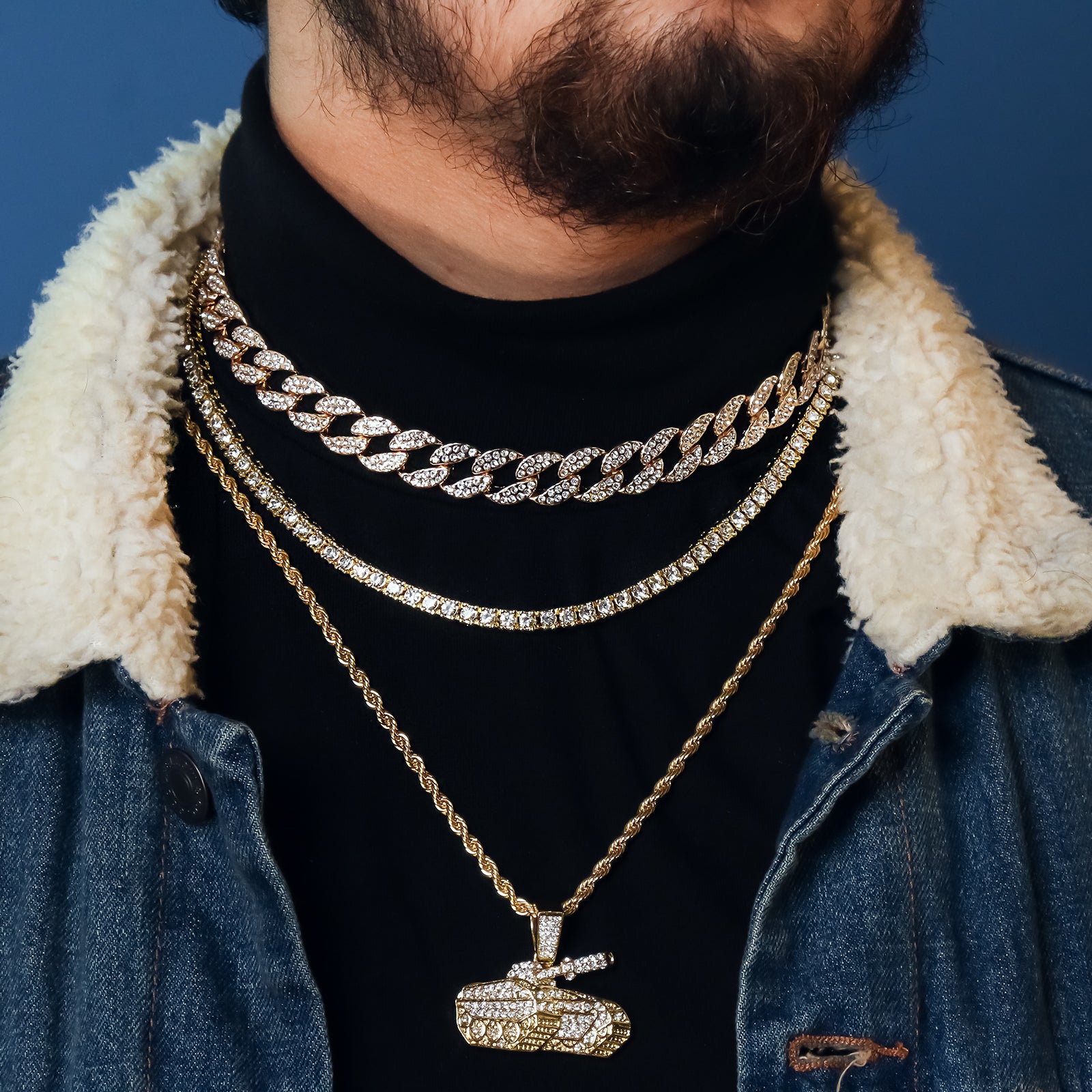 Tank 4 Pcs Set Cuban, Tennis Clear Cz & Rope Chain Bundle Gold PT