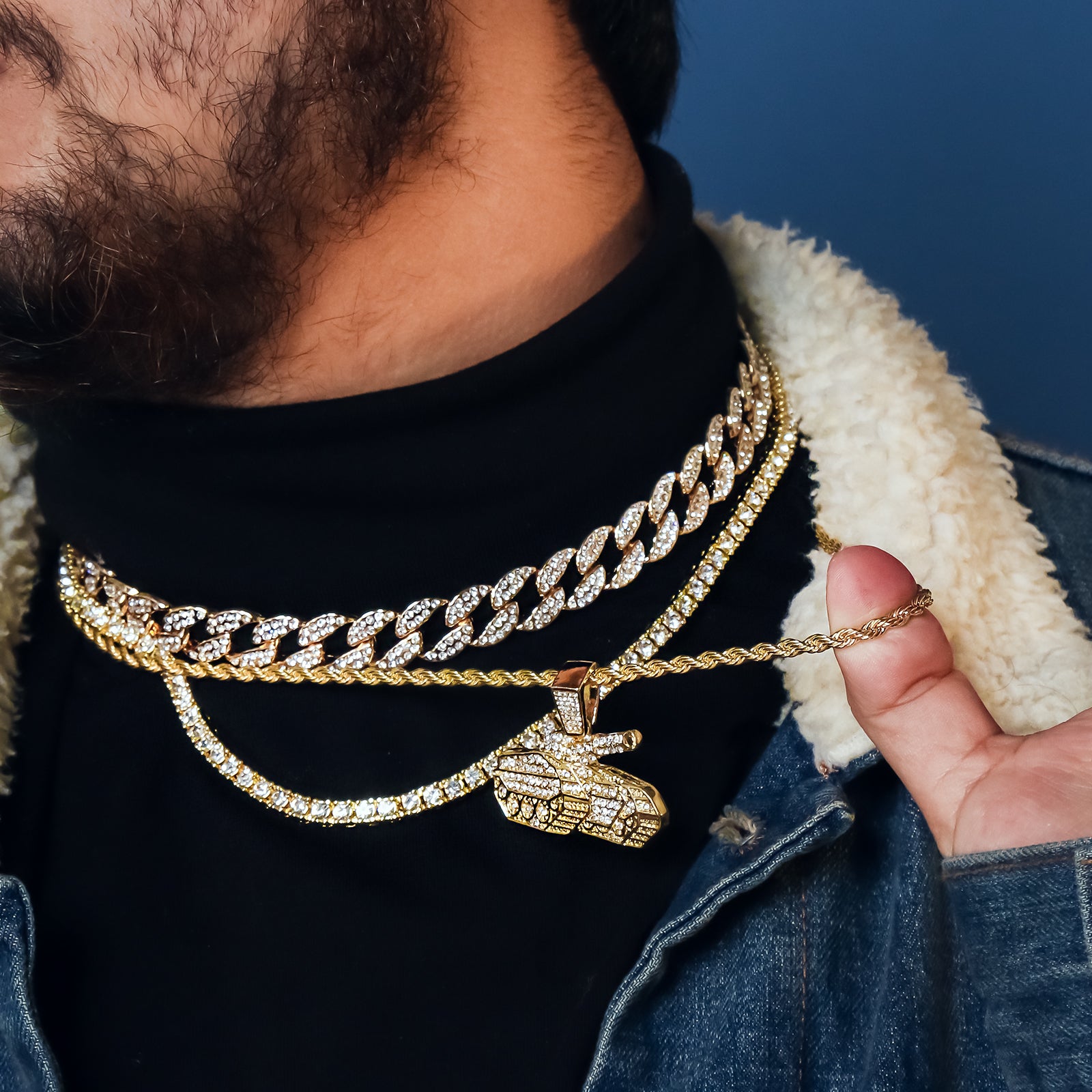 Tank 4 Pcs Set Cuban, Tennis Clear Cz & Rope Chain Bundle Gold PT