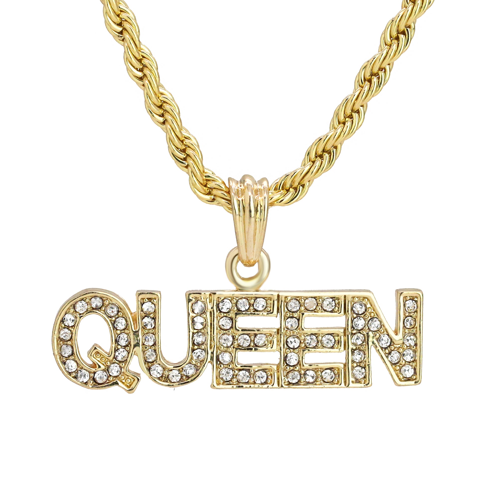 Queen Letter Pendant 18K Gold Plated 24" Rope Chain Hip Hop Jewelry