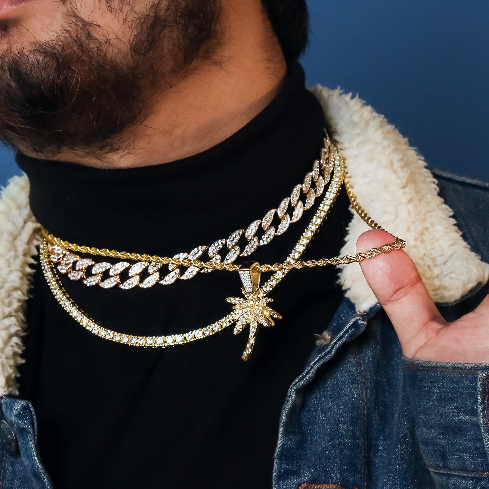 Palm Tree 4 Pcs Set Cuban, Tennis Clear Cz & Rope Chain Bundle Gold PT