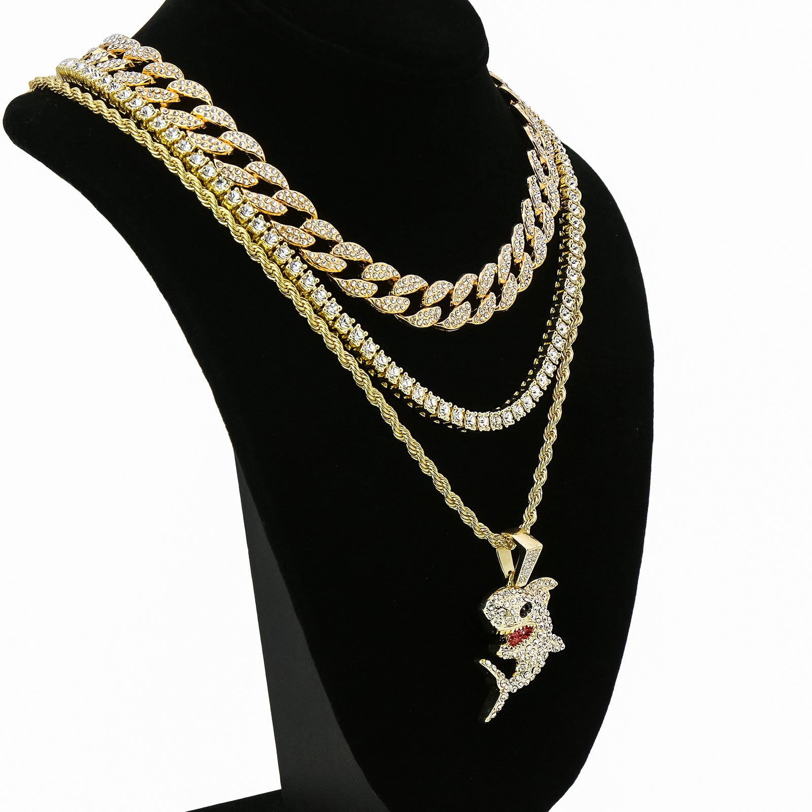 Shark 4 Pcs Set Cuban, Tennis Clear Cz & Rope Chain Bundle Gold PT