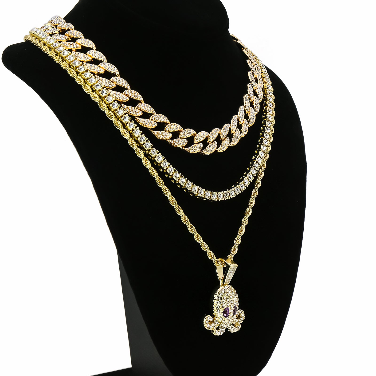 Squid 4 Pcs Set Cuban, Tennis Clear Cz & Rope Chain Bundle Gold PT