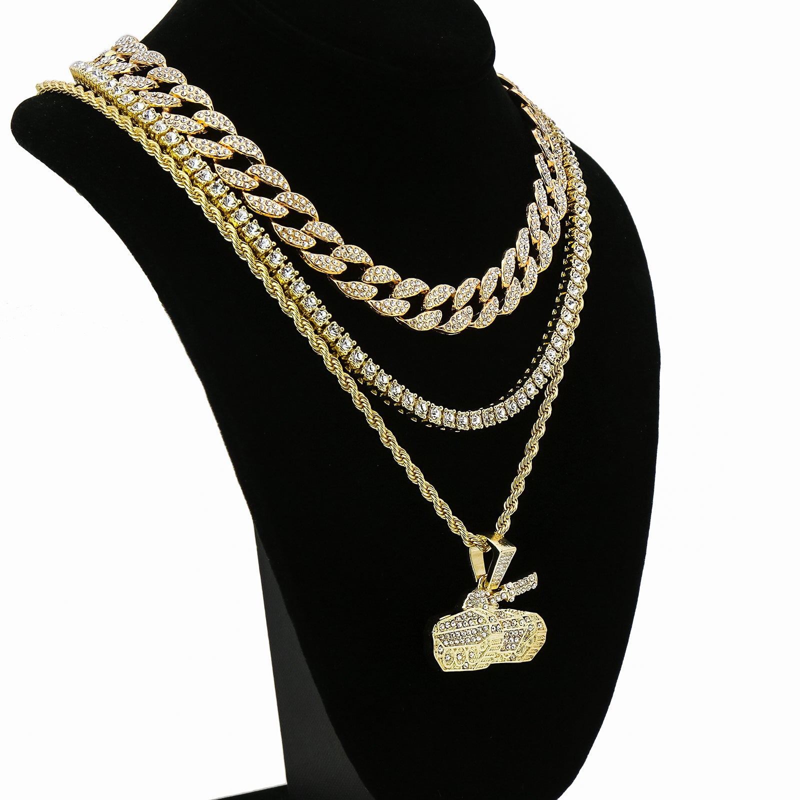 Tank 4 Pcs Set Cuban, Tennis Clear Cz & Rope Chain Bundle Gold PT