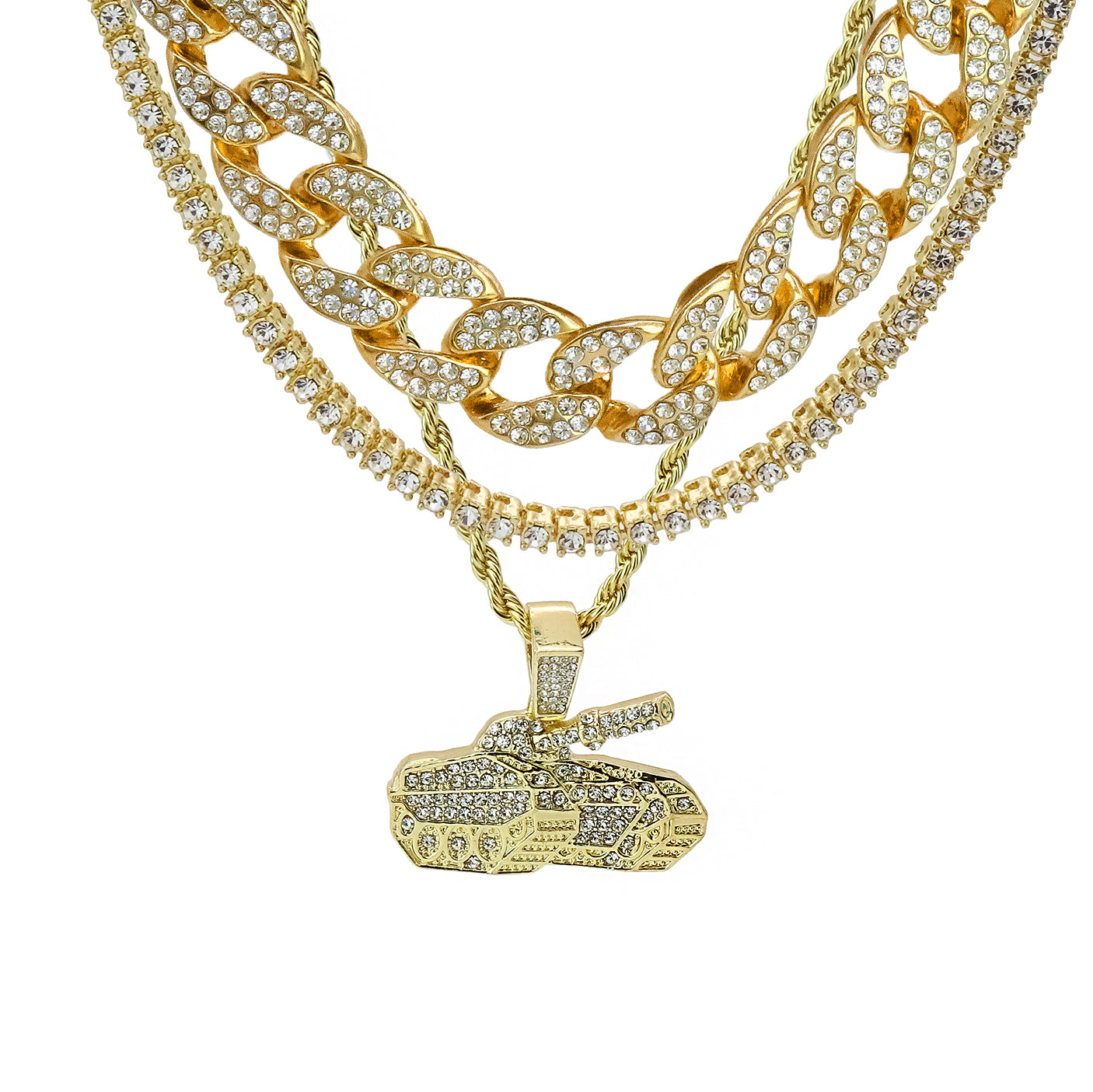 Tank 4 Pcs Set Cuban, Tennis Clear Cz & Rope Chain Bundle Gold PT