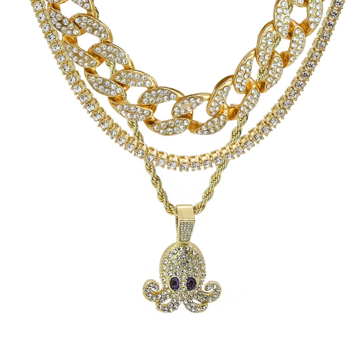 Squid 4 Pcs Set Cuban, Tennis Clear Cz & Rope Chain Bundle Gold PT