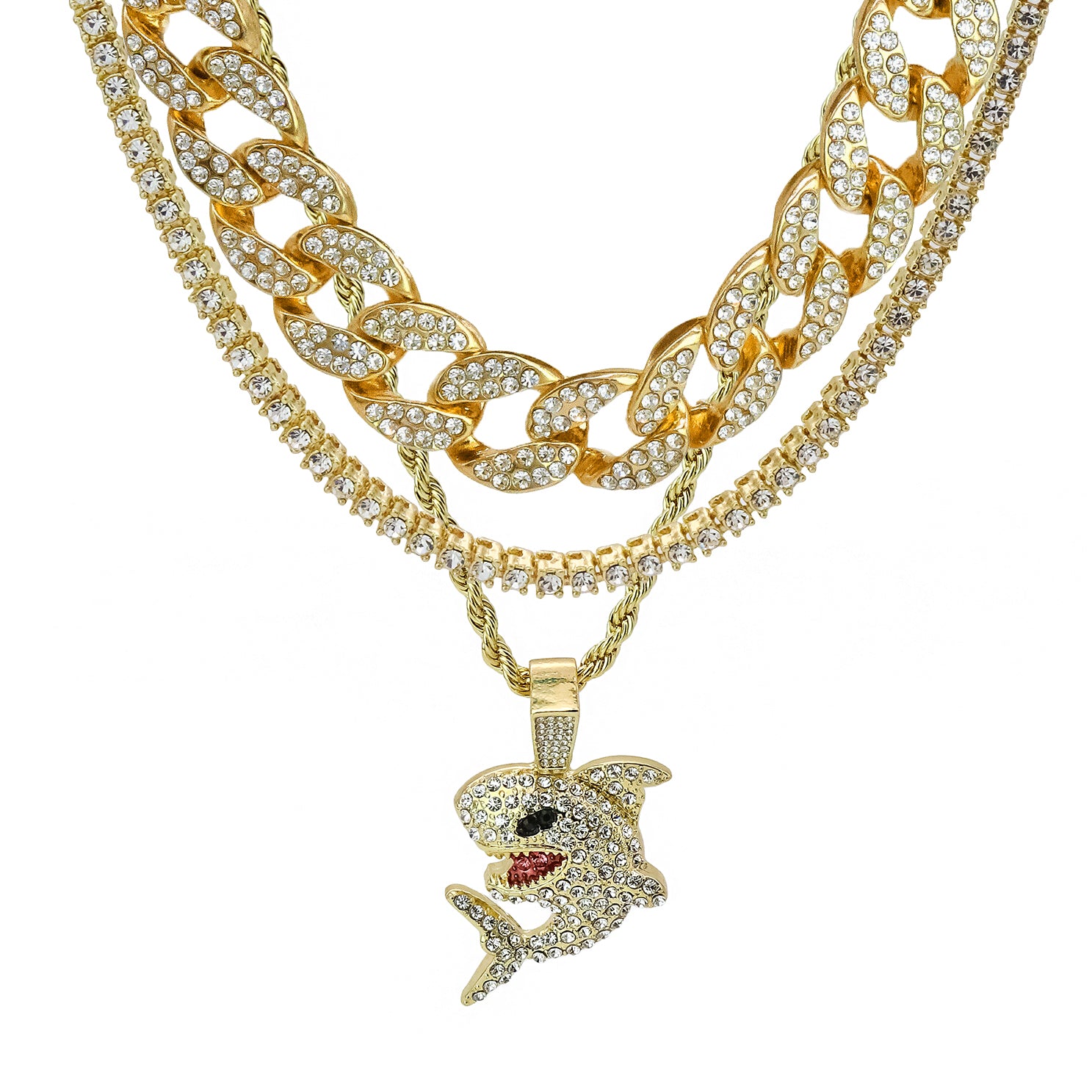 Shark 4 Pcs Set Cuban, Tennis Clear Cz & Rope Chain Bundle Gold PT