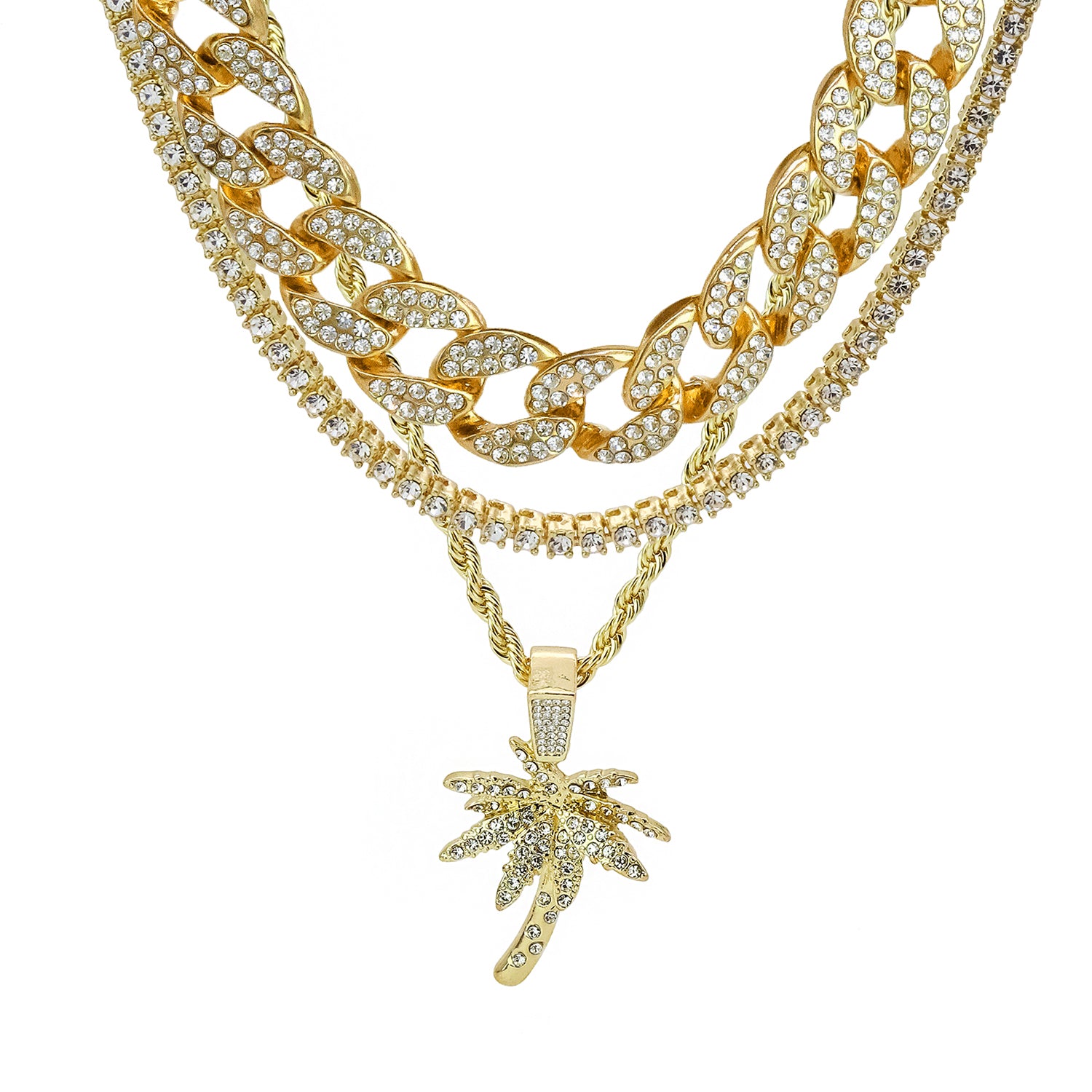 Palm Tree 4 Pcs Set Cuban, Tennis Clear Cz & Rope Chain Bundle Gold PT