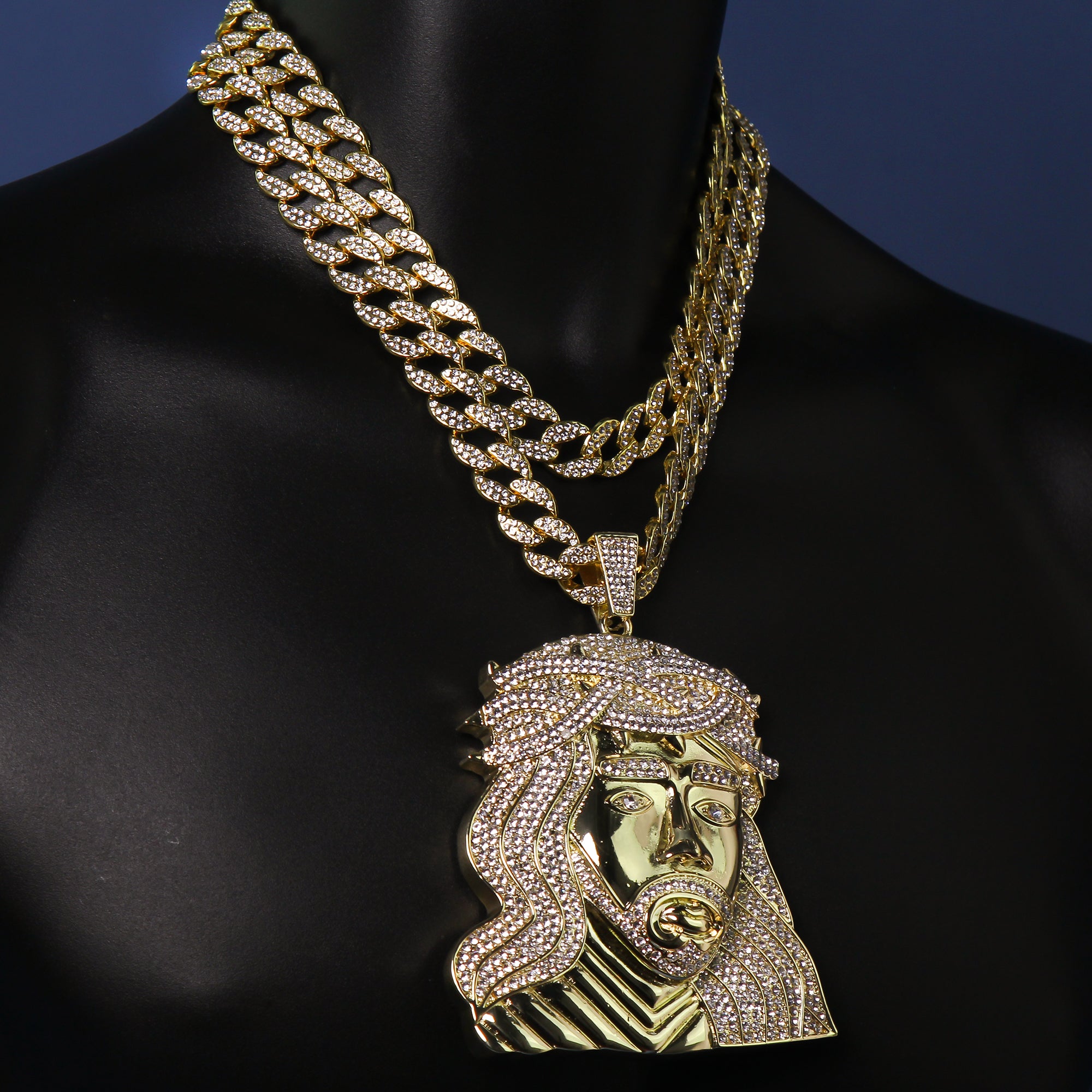 3pc Set XXL Wide Face Jesus Pendant & 2 Iced Cuban Chains – 18"/20"