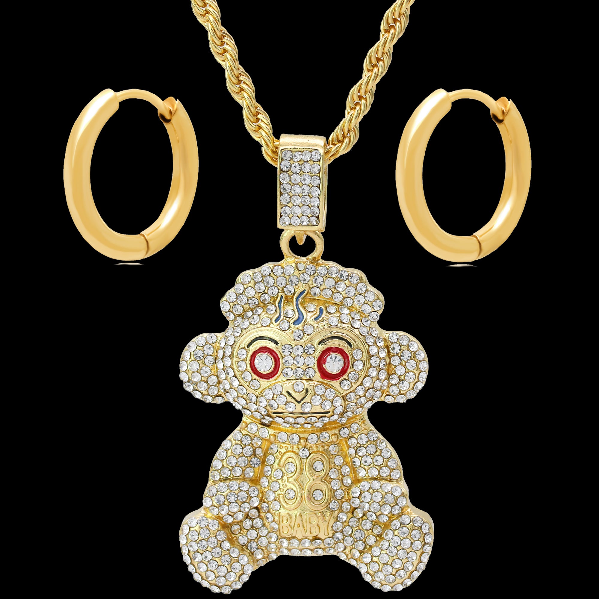 Gold Plated "Young Baby Never Broke Again 38" 24" Rope Chain/Stainless Steel Huggie Hoop Thin Earrings