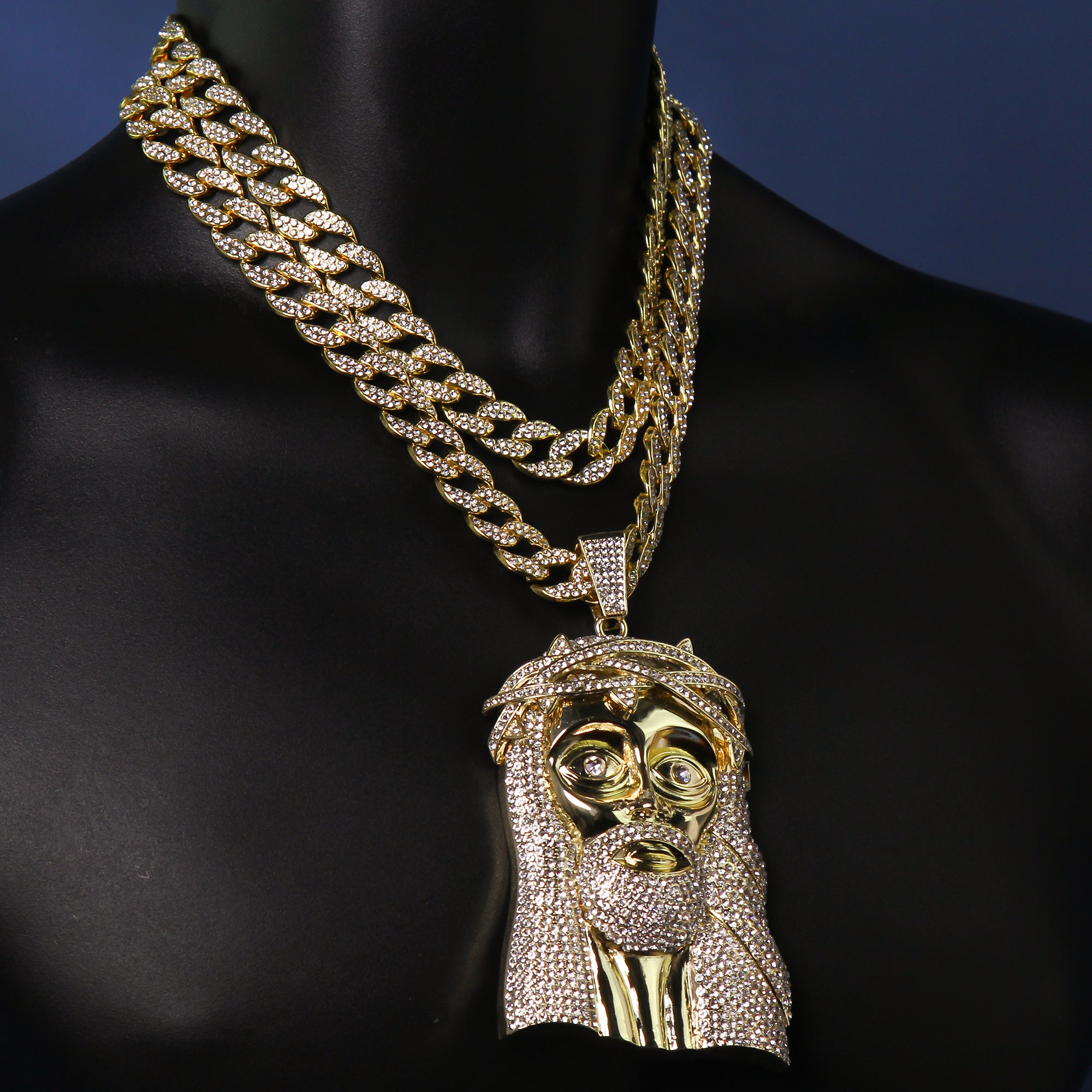 3pc XXL Crowned Jesus Pendant Set – 18"/20" 15mm Iced Cuban Chains