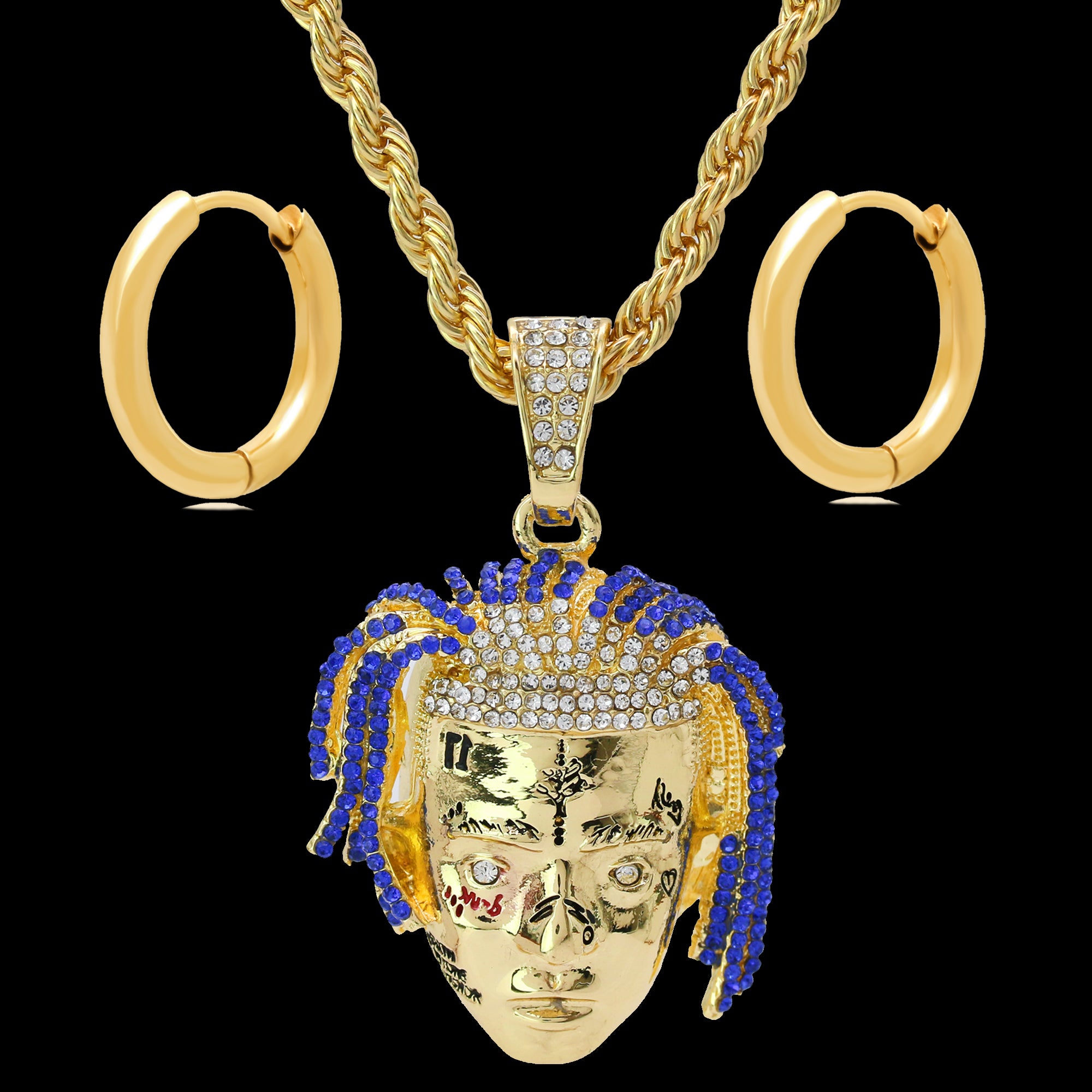 Gold Plated Face Exquisite Tentacion 24" Rope Chain/Stainless Steel Huggie Hoop Thin Earrings