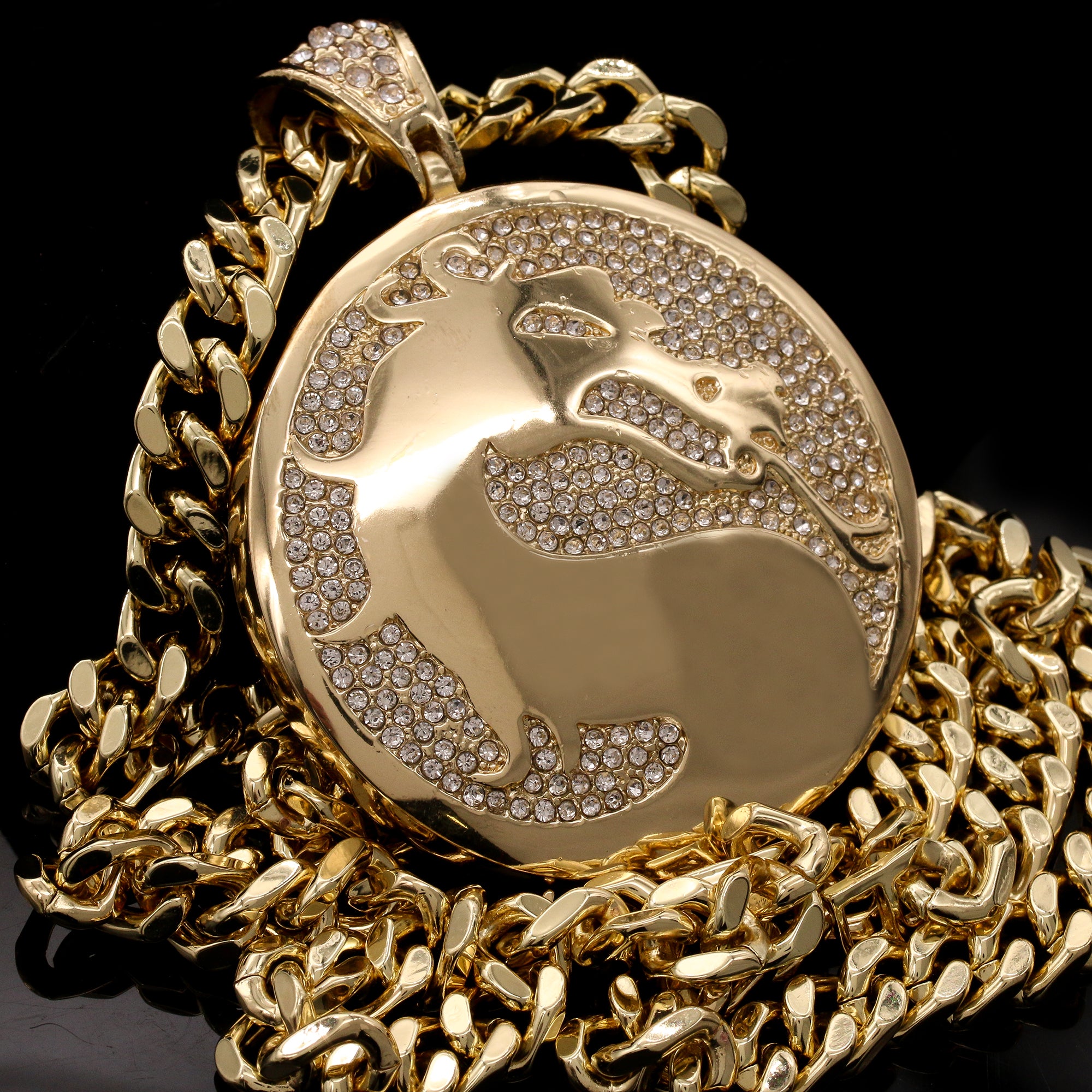 Men's Gold Plated Hip-Hop XL Cz Medallion Dragon Cuban 10mm 30 & Bracelet 3pc Set