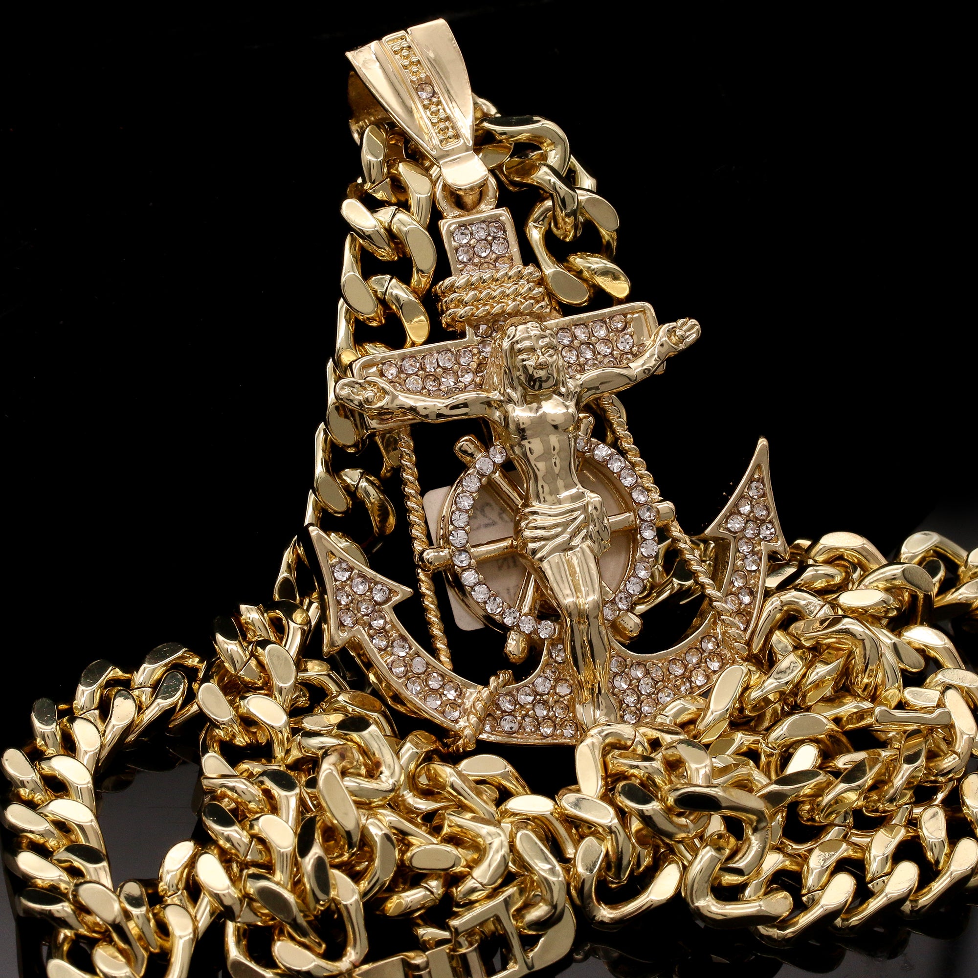 Men's Gold Plated Hip-Hop XL Cz Jesus Anchor Cuban 10mm 30 & Bracelet 3pc Set