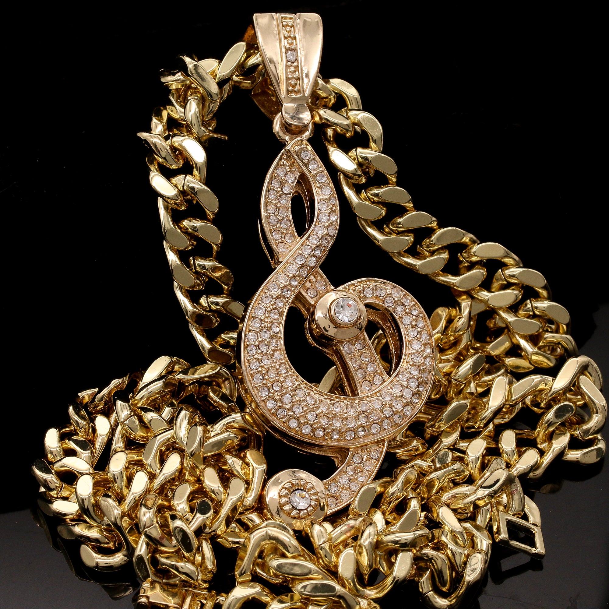 Men's Gold Plated Hip-Hop XL Cz Musical Note Cuban 10mm 30 & Bracelet 3pc Set