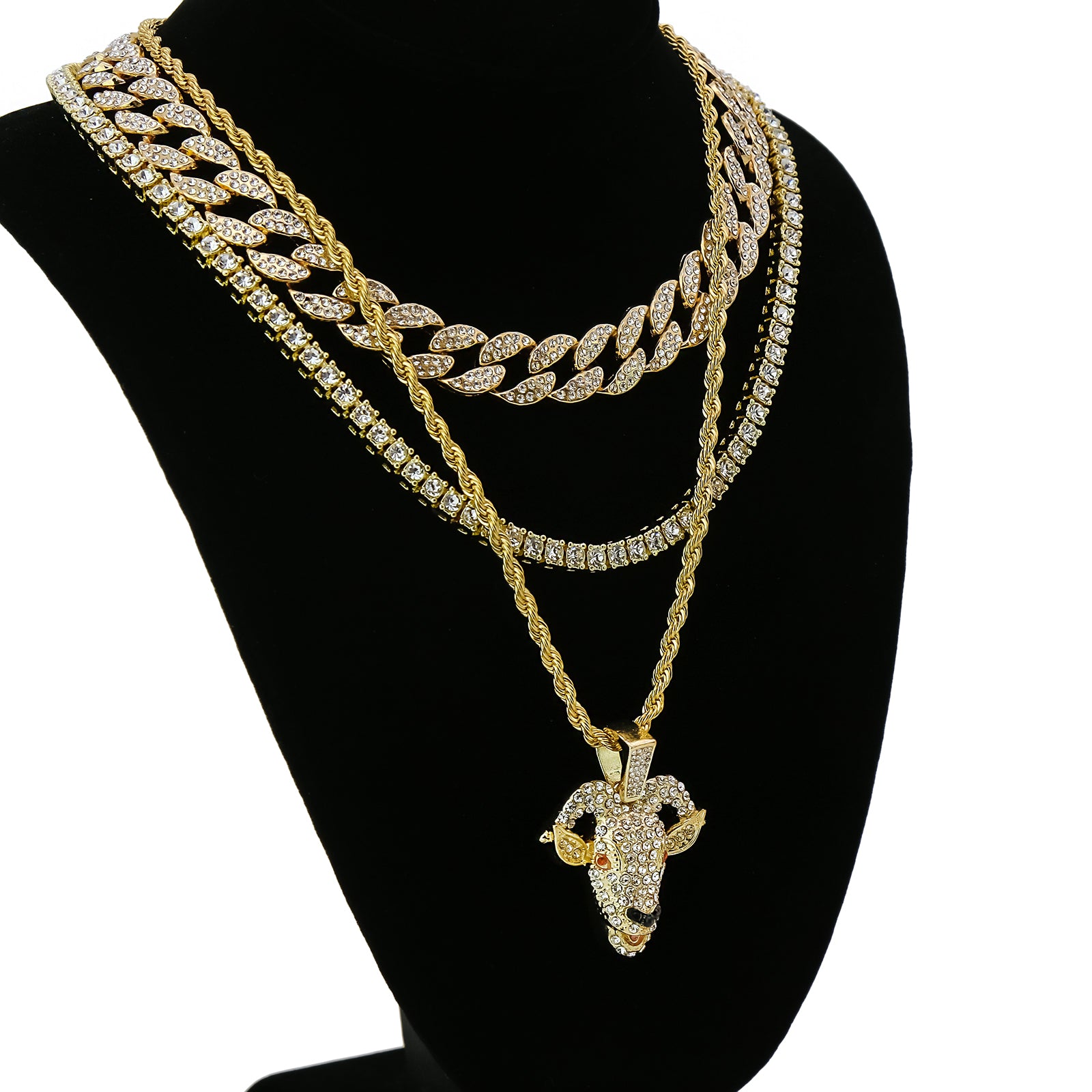 Goat Head 4 Pcs Set Cuban, Tennis Clear Cz & Rope Chain Bundle Gold PT