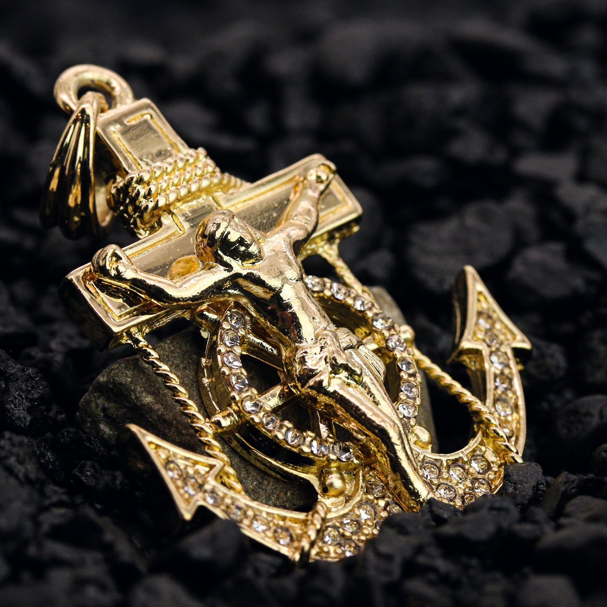 Jesus Anchor Iced Pendant 18K 24" Rope Chain Hip Hop Jewelry