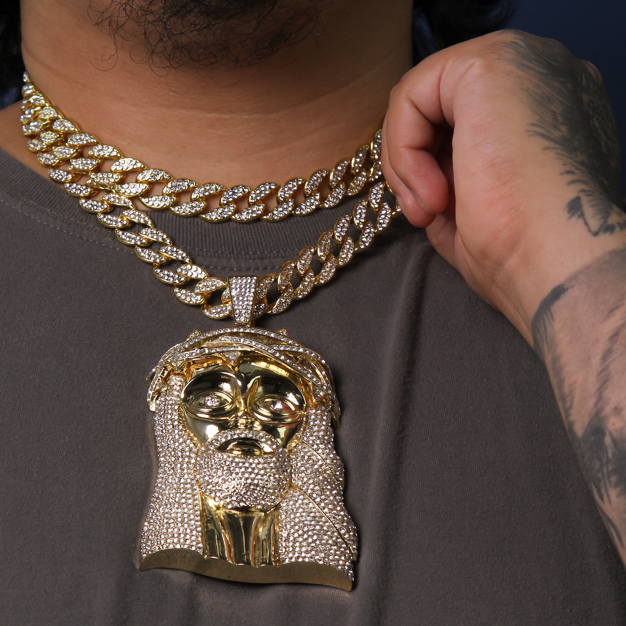 3pc XXL Crowned Jesus Pendant Set – 18"/20" 15mm Iced Cuban Chains