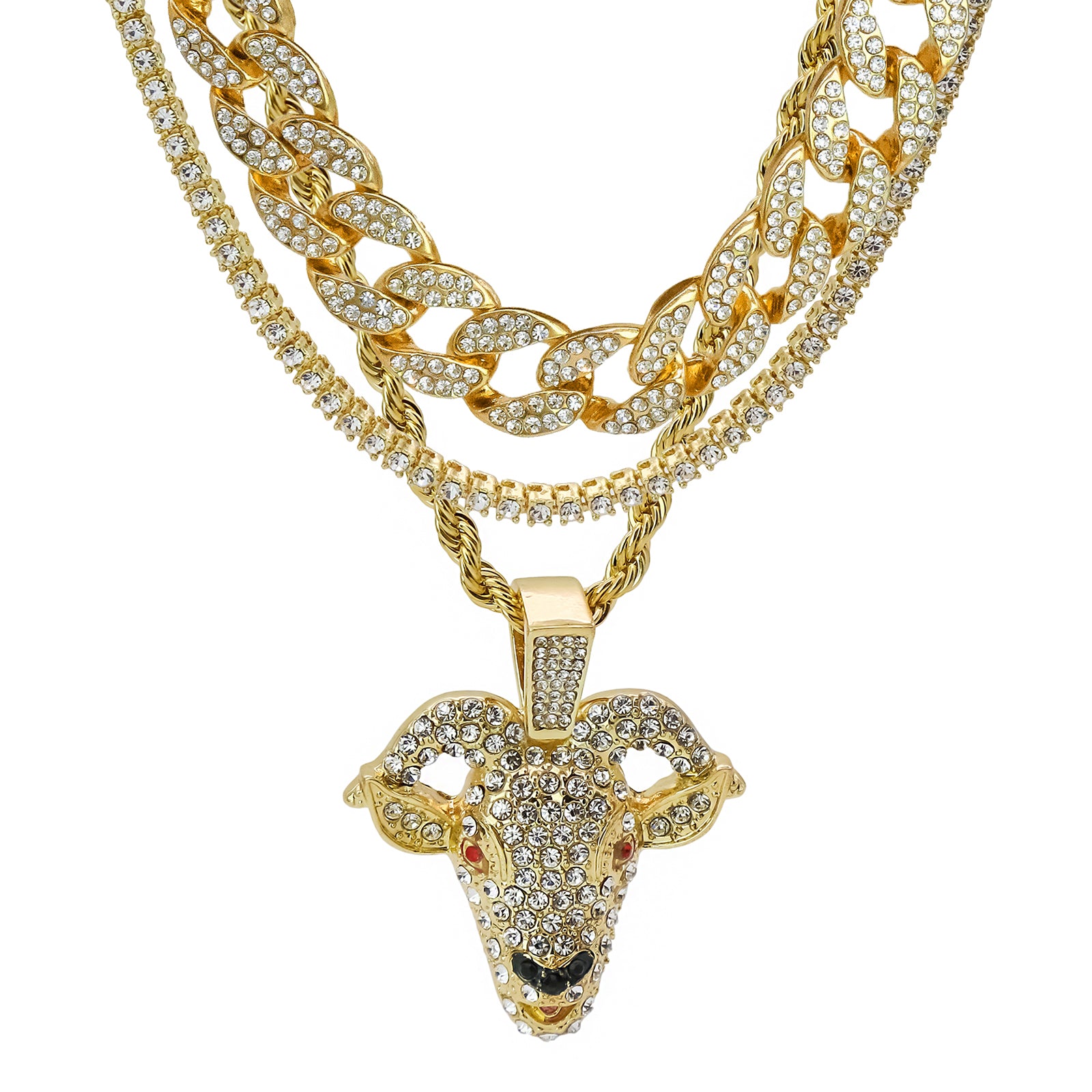 Goat Head 4 Pcs Set Cuban, Tennis Clear Cz & Rope Chain Bundle Gold PT