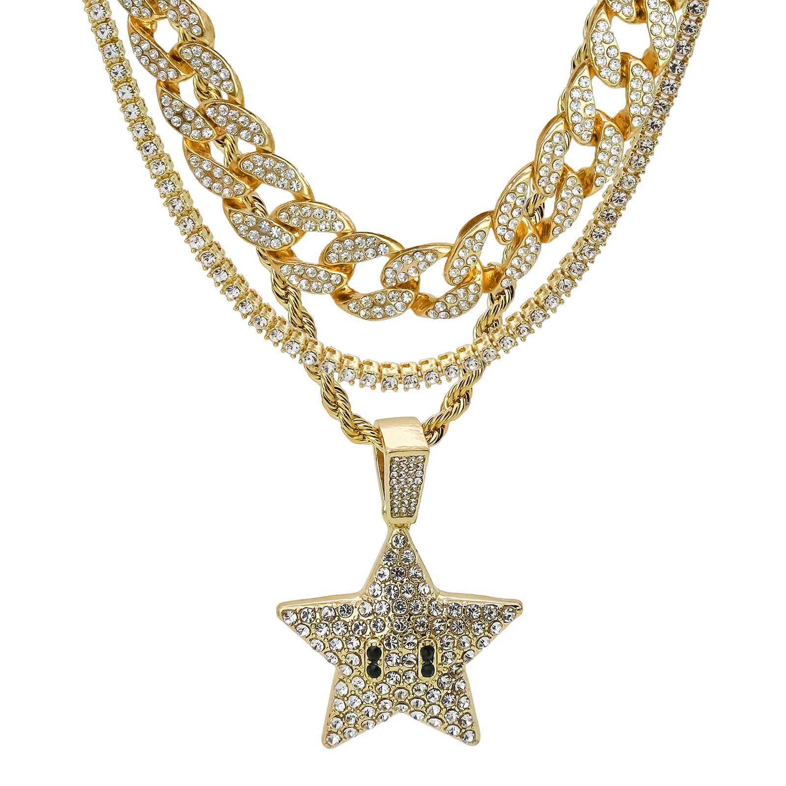 Star 4 Pcs Set Cuban, Tennis Clear Cz & Rope Chain Bundle Gold PT