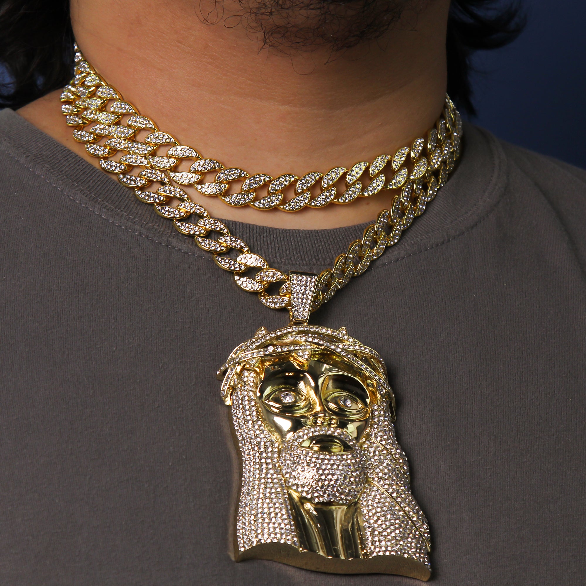 3pc XXL Crowned Jesus Pendant Set – 18"/20" 15mm Iced Cuban Chains