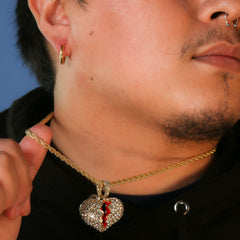 Gold Plated Broken Heart 24" Rope Chain/Stainless Steel Huggie Hoop Thin Earrings Set