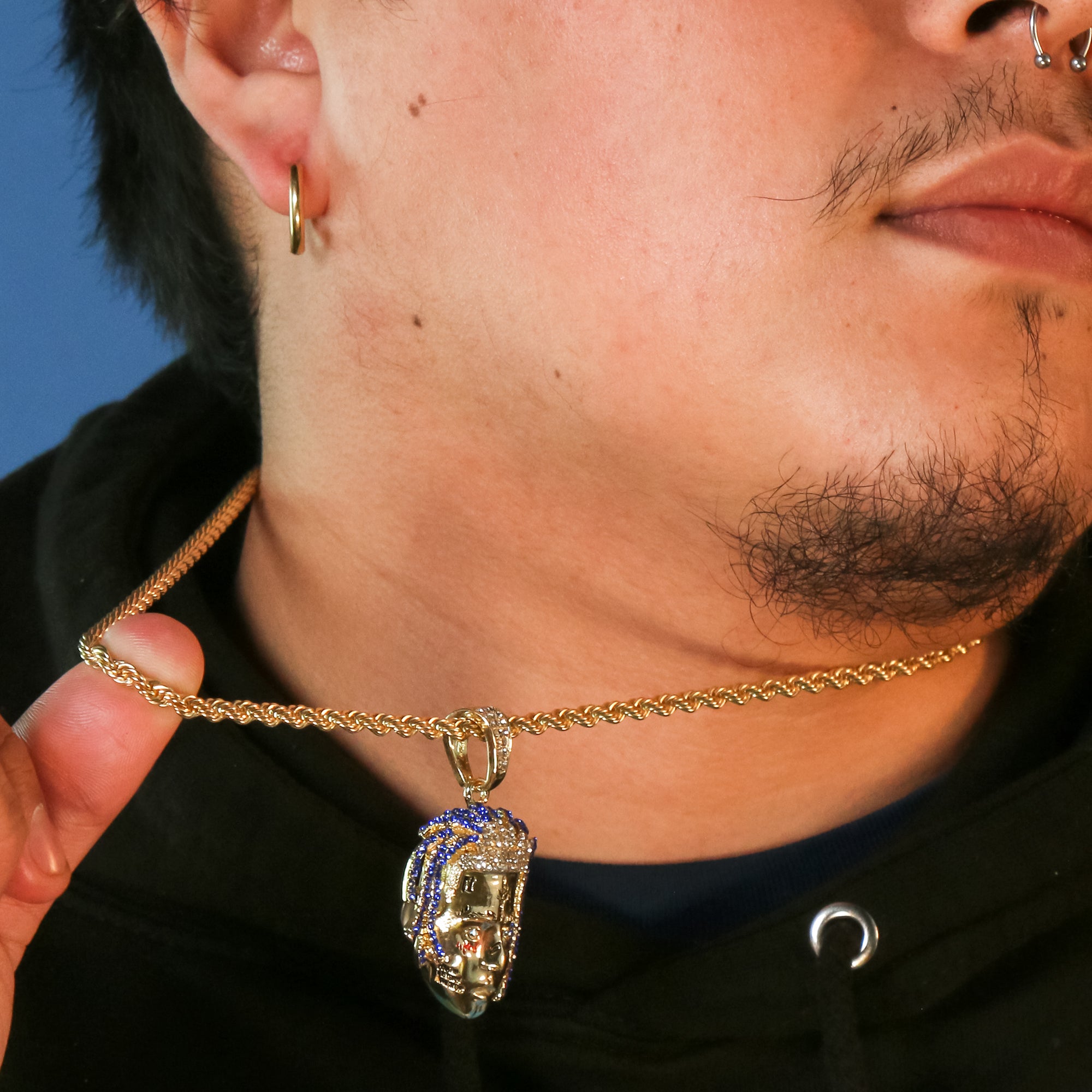 Gold Plated Face Exquisite Tentacion 24" Rope Chain/Stainless Steel Huggie Hoop Thin Earrings