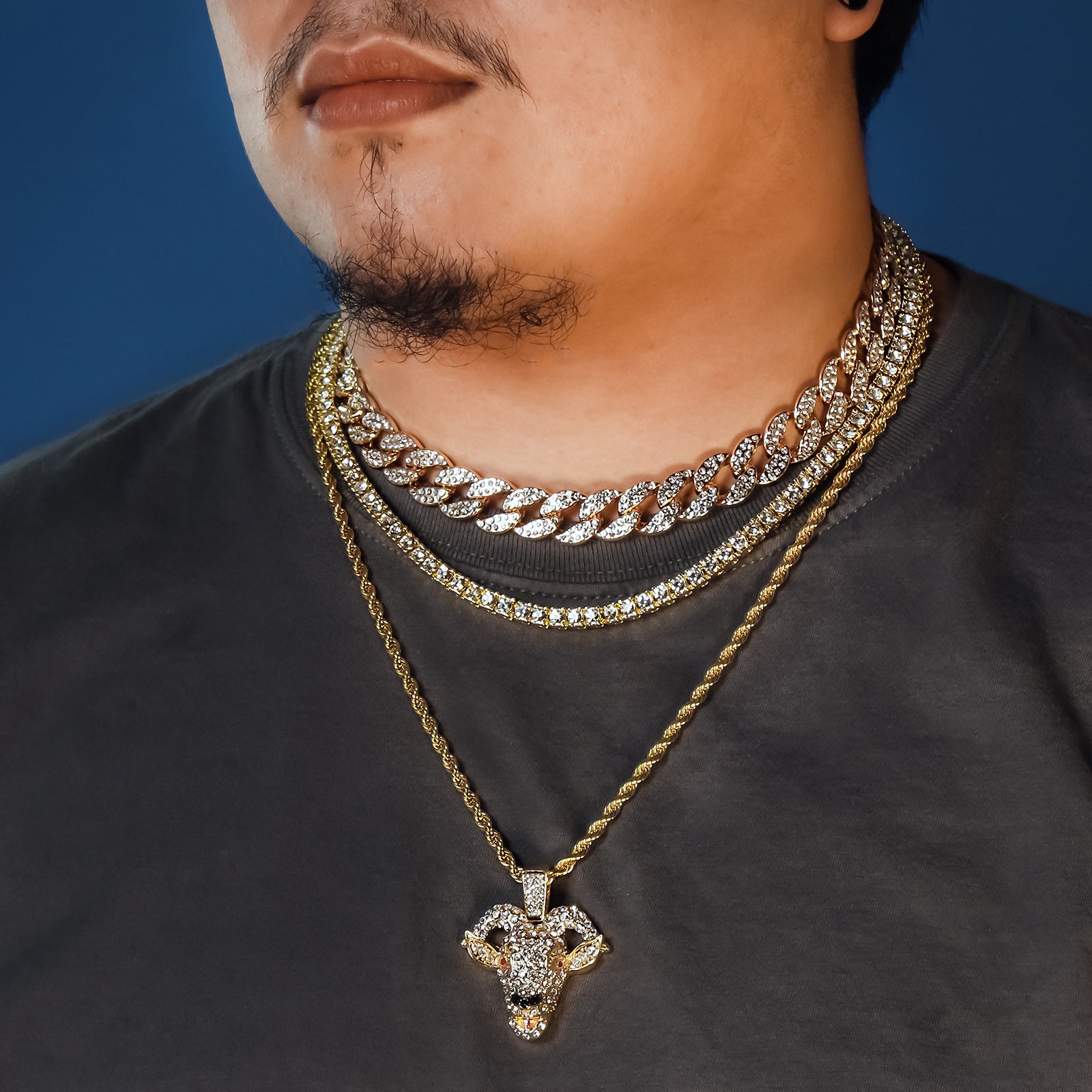 Goat Head 4 Pcs Set Cuban, Tennis Clear Cz & Rope Chain Bundle Gold PT