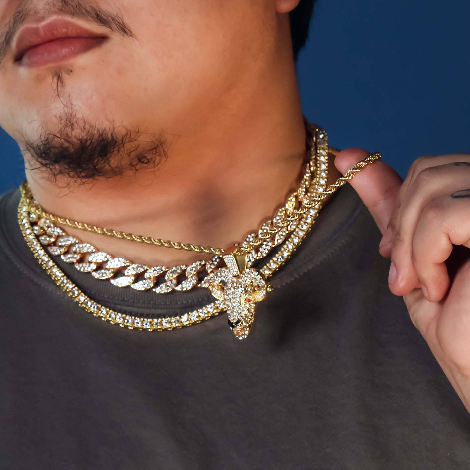 Goat Head 4 Pcs Set Cuban, Tennis Clear Cz & Rope Chain Bundle Gold PT