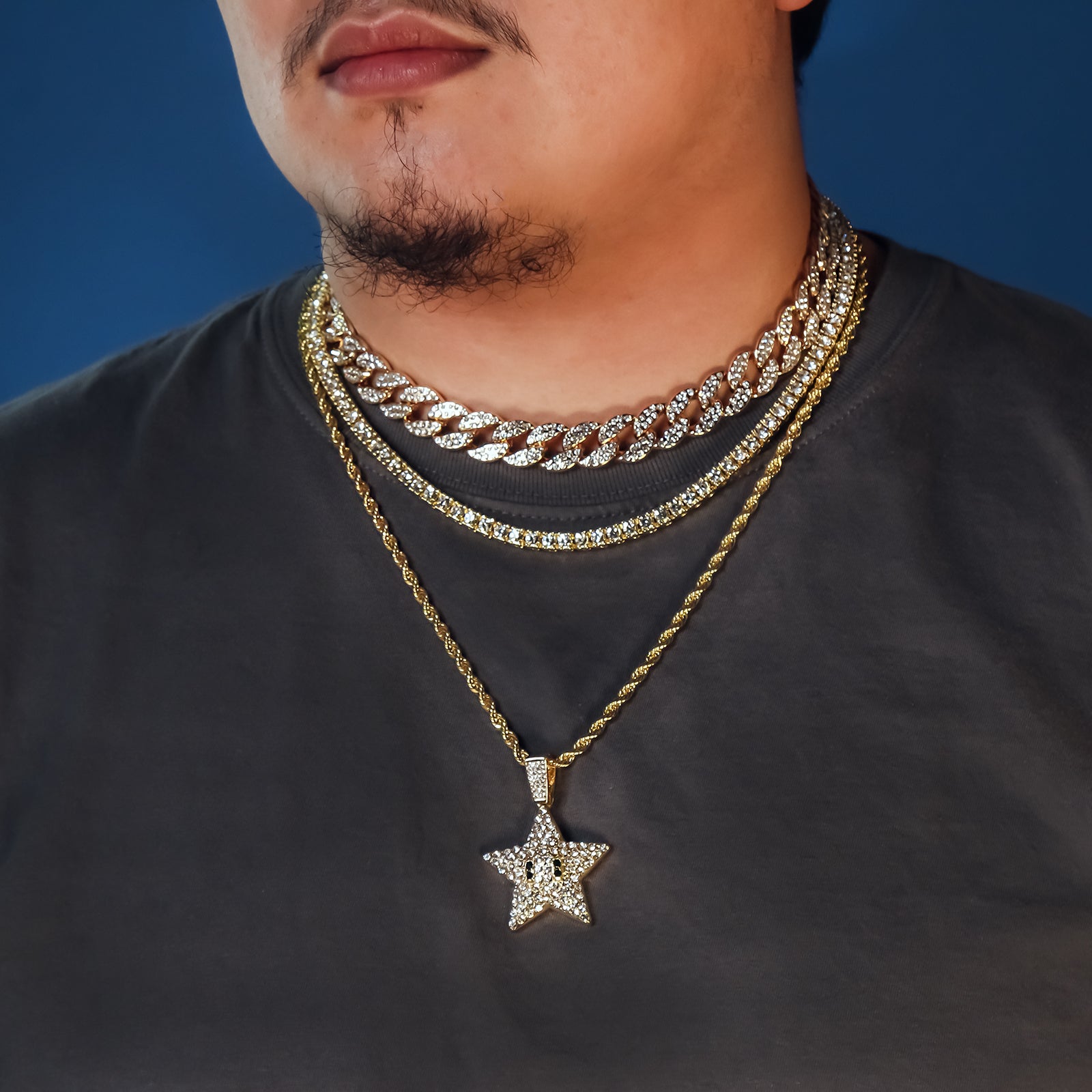Star 4 Pcs Set Cuban, Tennis Clear Cz & Rope Chain Bundle Gold PT