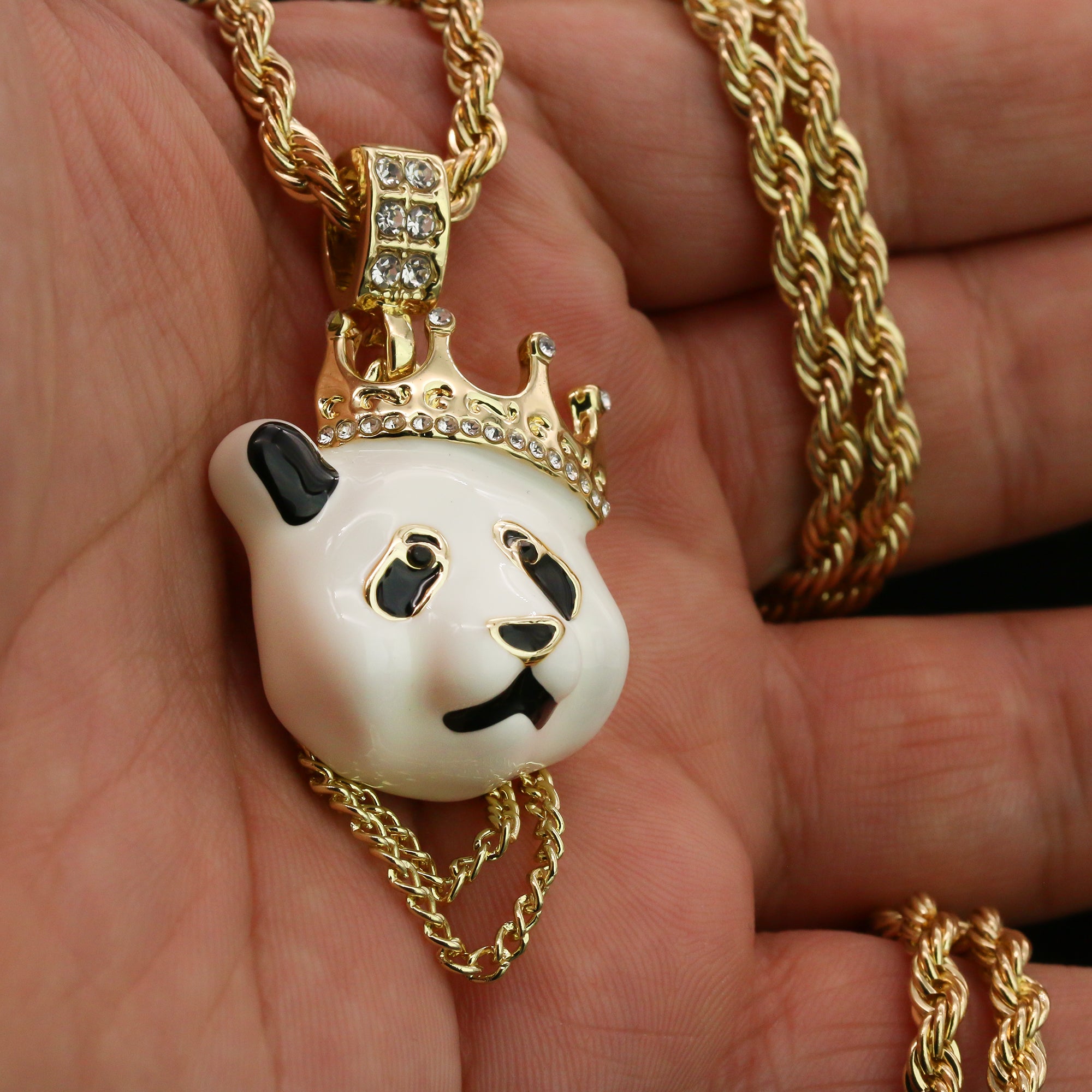 Cz Crown Chain Panda Pendant 24" Rope Chain Hip Hop 18k Jewelry Necklace