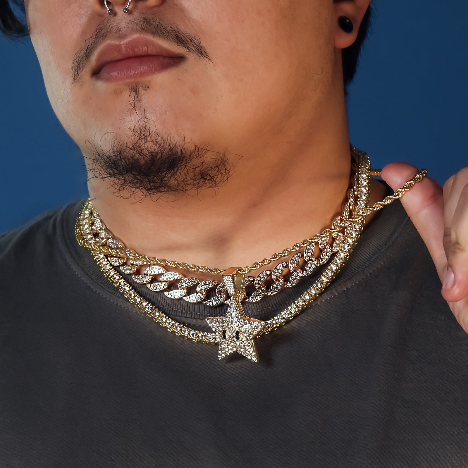 Star 4 Pcs Set Cuban, Tennis Clear Cz & Rope Chain Bundle Gold PT